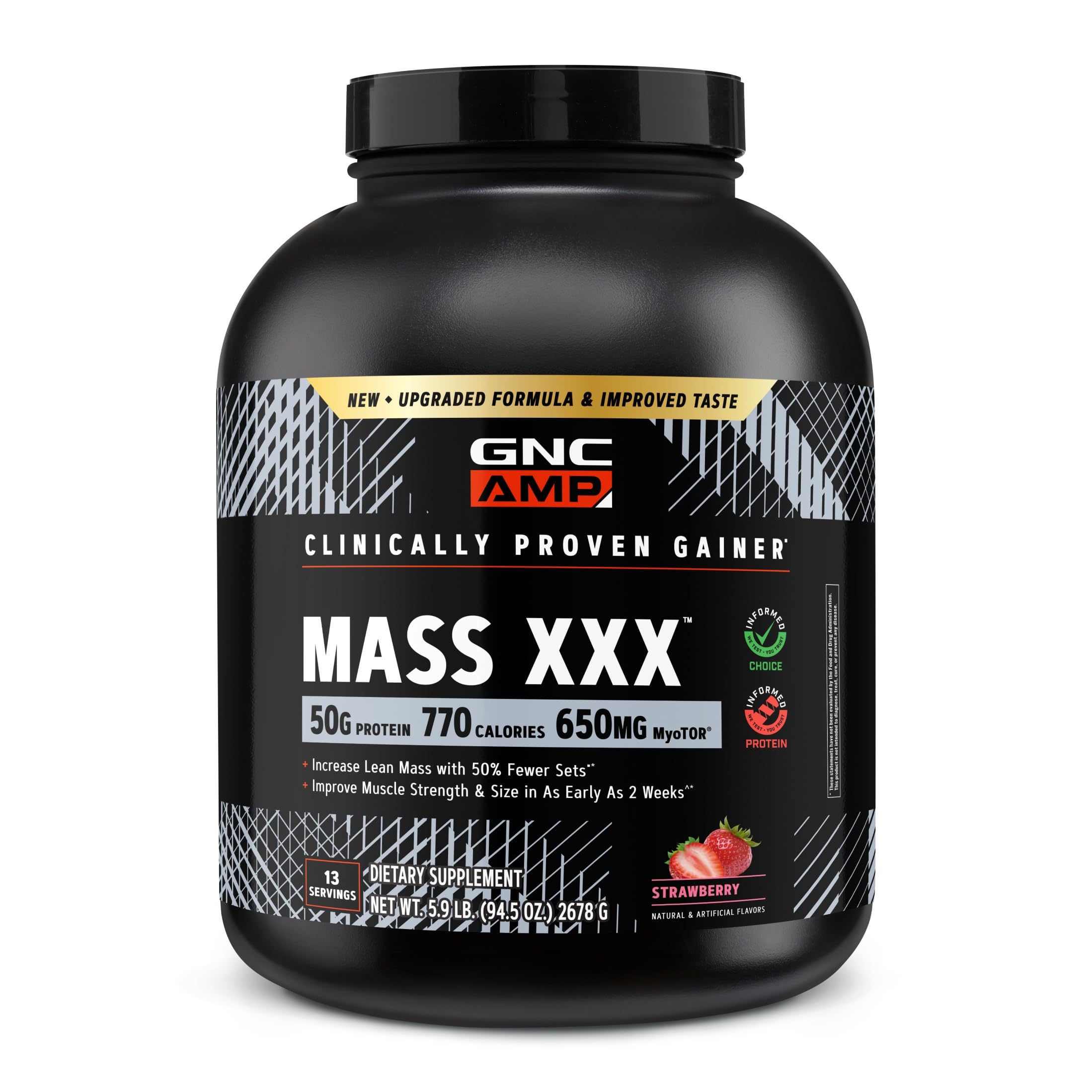 GNC AMP MASS XXX vista frontal del envase con sabor fresa y beneficio de claridad de marca