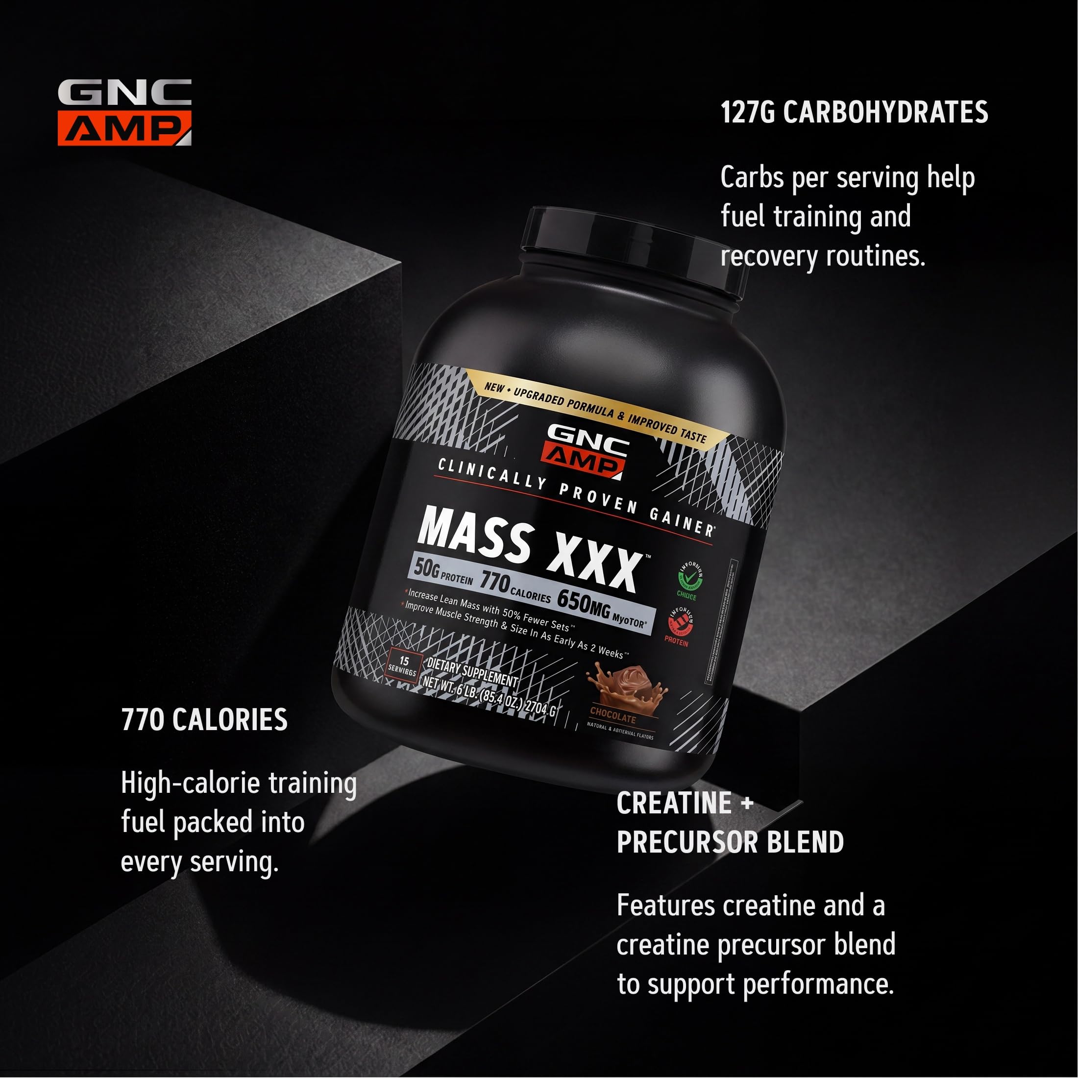 GNC AMP MASS XXX ingredientes destacados con creatina y MyoTOR, explicando componentes clave