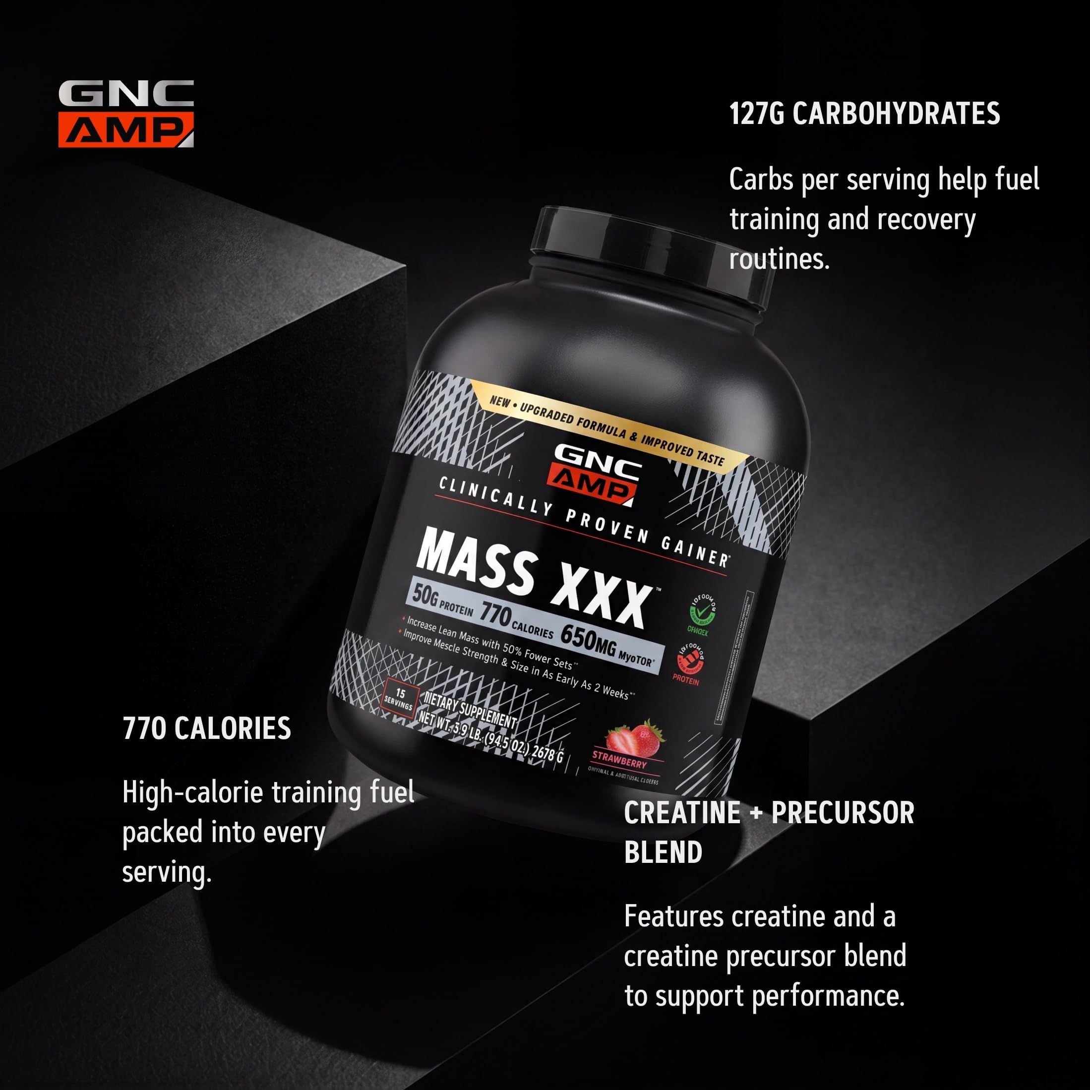 GNC AMP MASS XXX etiqueta de ingredientes enfocada que muestra componentes clave y transparencia