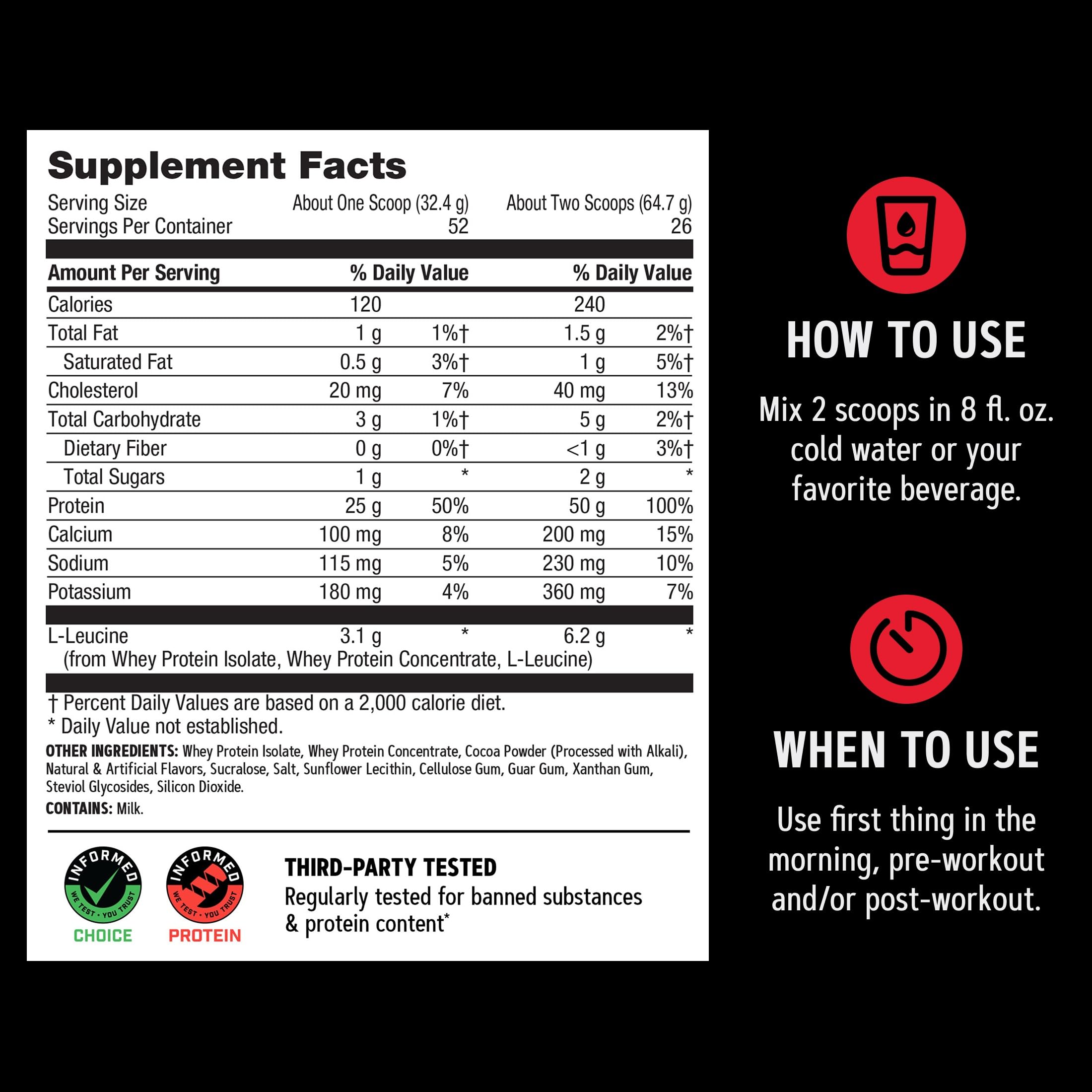 GNC detalle de la caja con sello de pruebas y sabor Chocolate Fudge