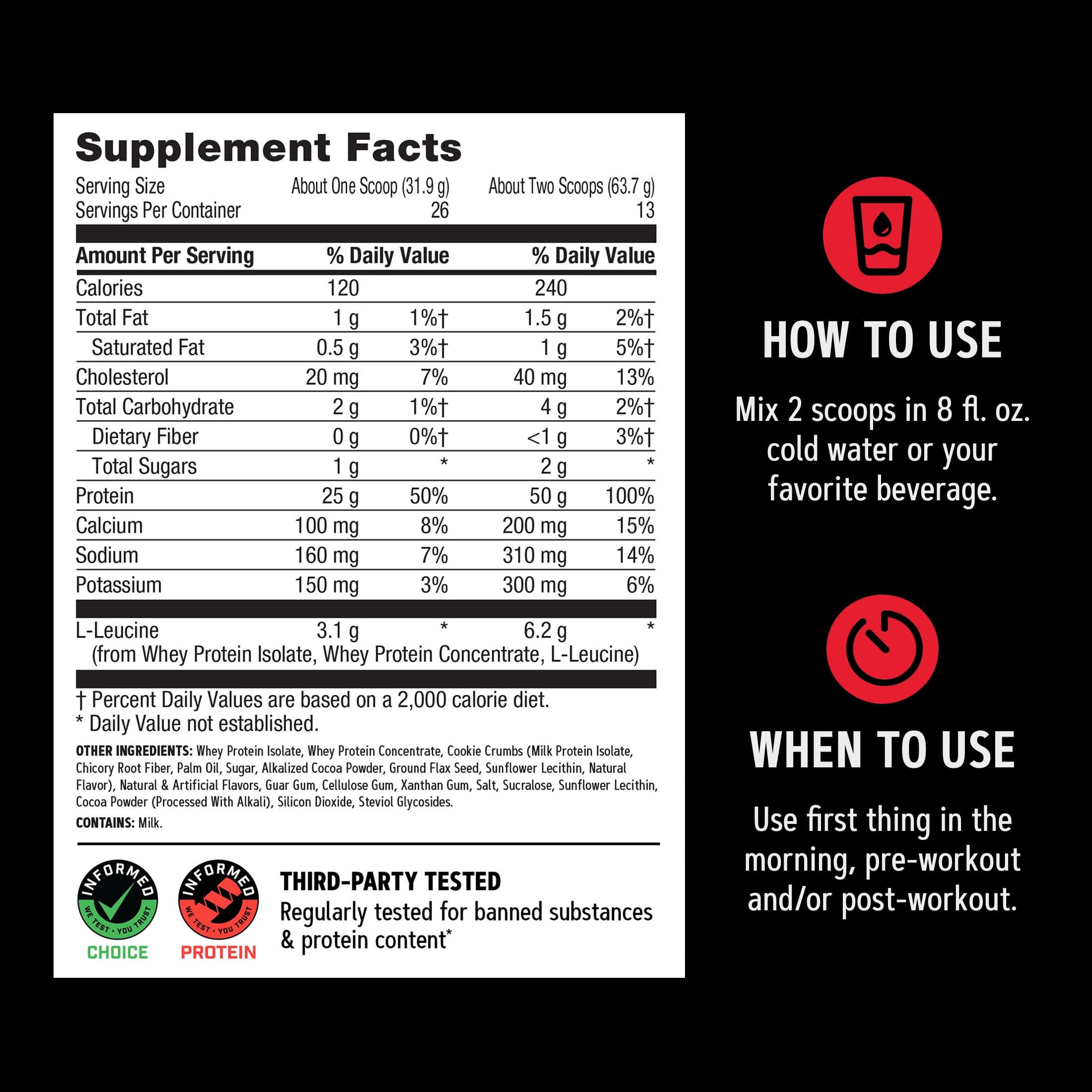 GNC etiqueta nutricional detallada con proteína y leucina por porción