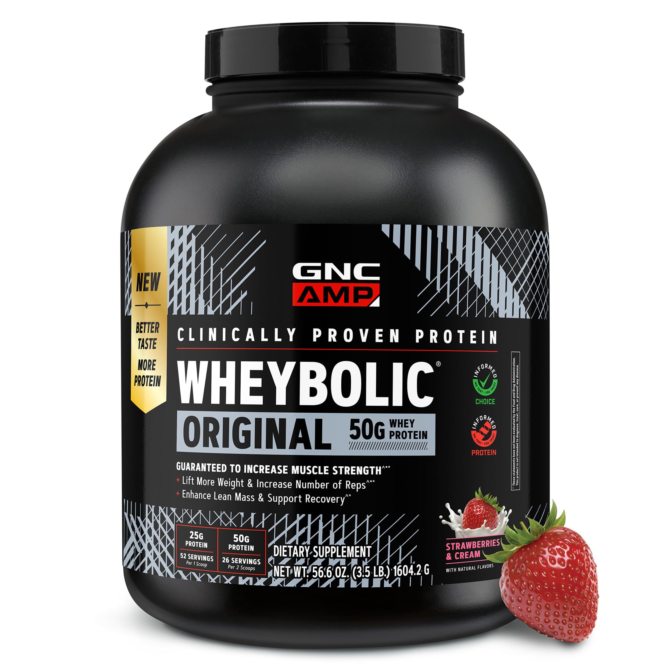 GNC envase frontal de Wheybolic mostrando tamaño y sabor fresa crema, promoción de proteína alta