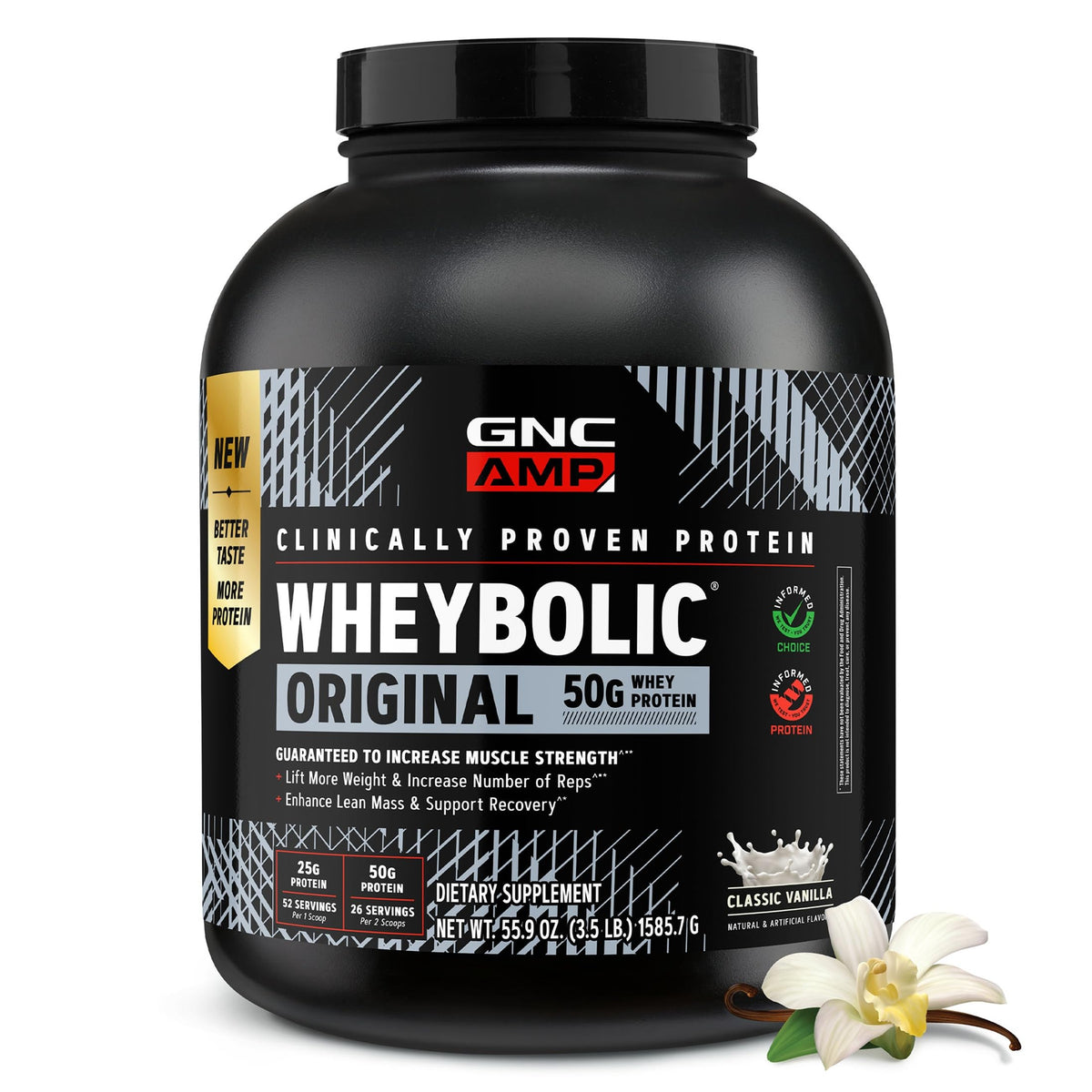 GNC envase frontal mostrando proteína en vainilla y beneficios