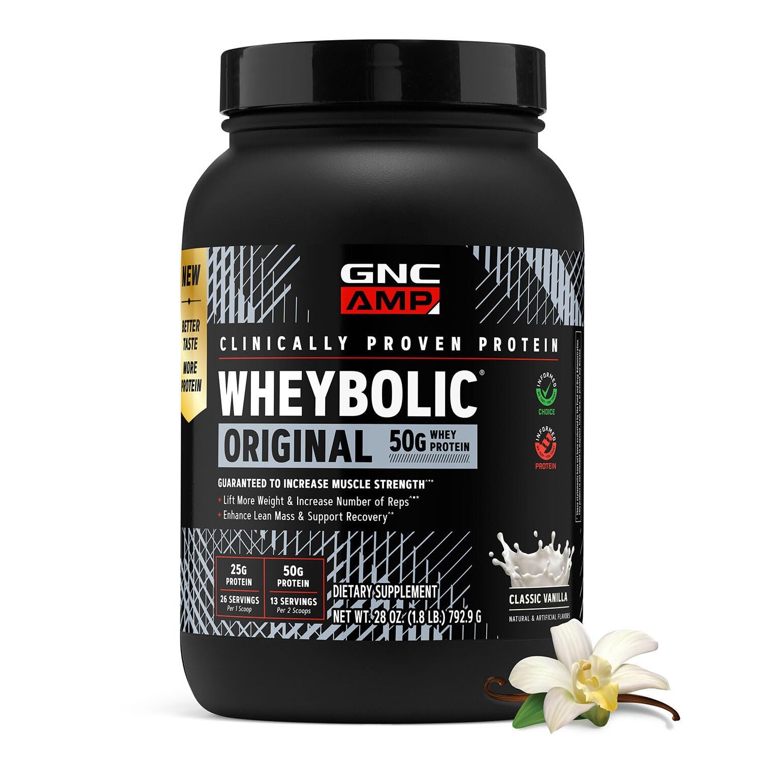 GNC envase frontal del producto mostrando 28 oz y sabor vainilla