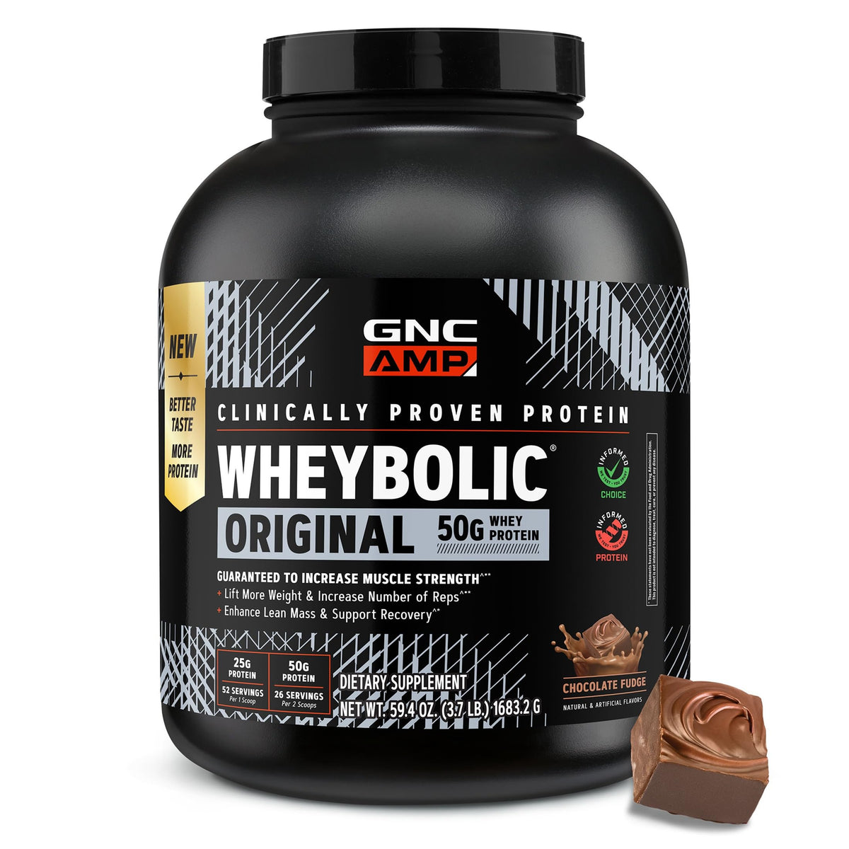 GNC envase frontal de AMP New Wheybolic mostrando tamaño y sabor