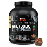 GNC envase frontal de AMP New Wheybolic mostrando tamaño y sabor