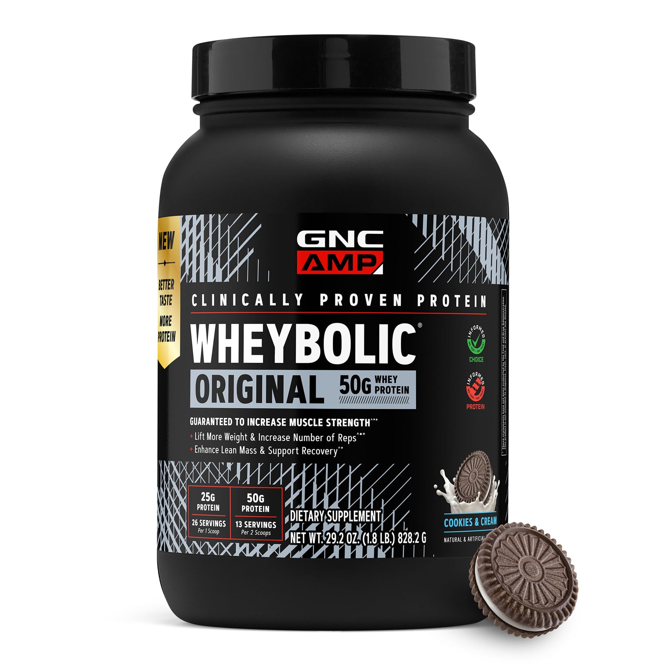 GNC envase frontal de Wheybolic mostrando cantidad y sabor Cookies & Cream