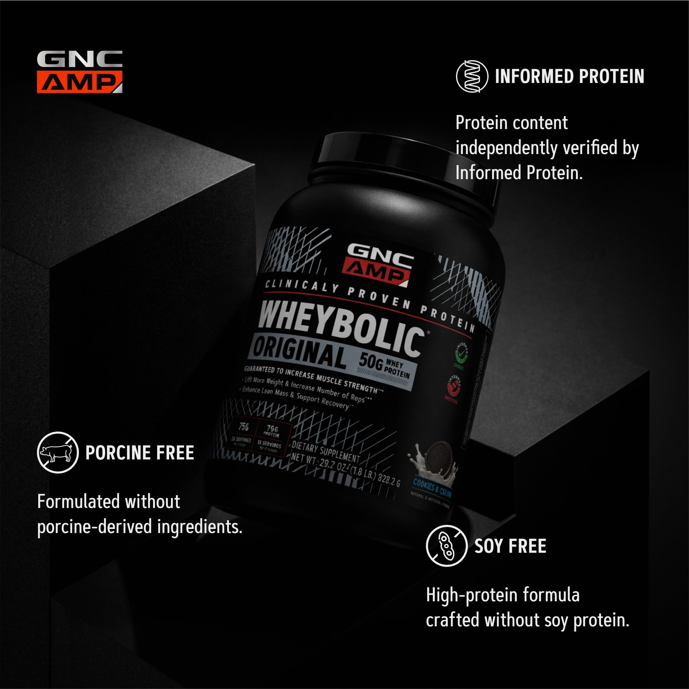 GNC cuchara con una porción de Wheybolic lista para mezclar fácilmente