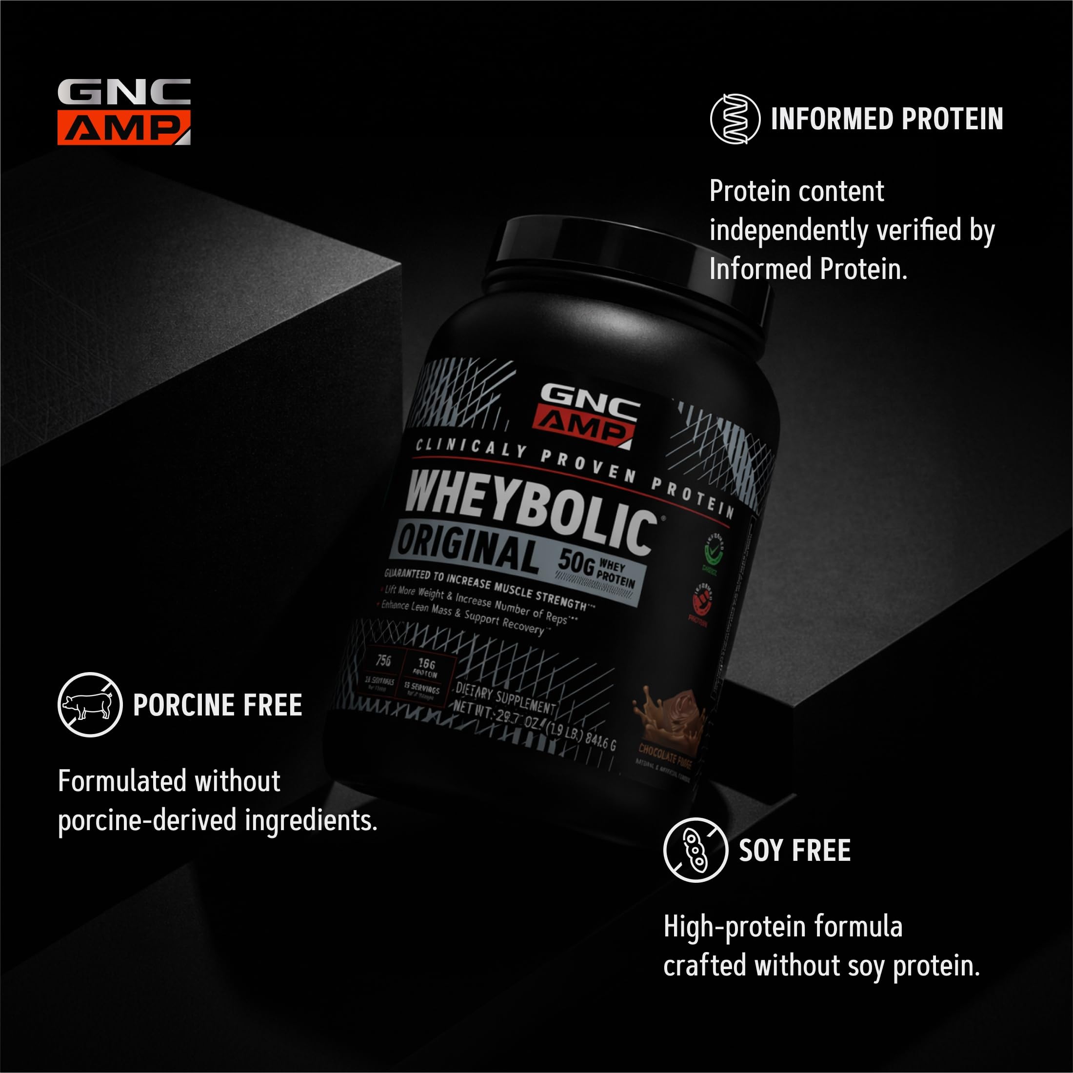 GNC comparación de tamaño del envase 59.4 oz y 26 porciones visibles