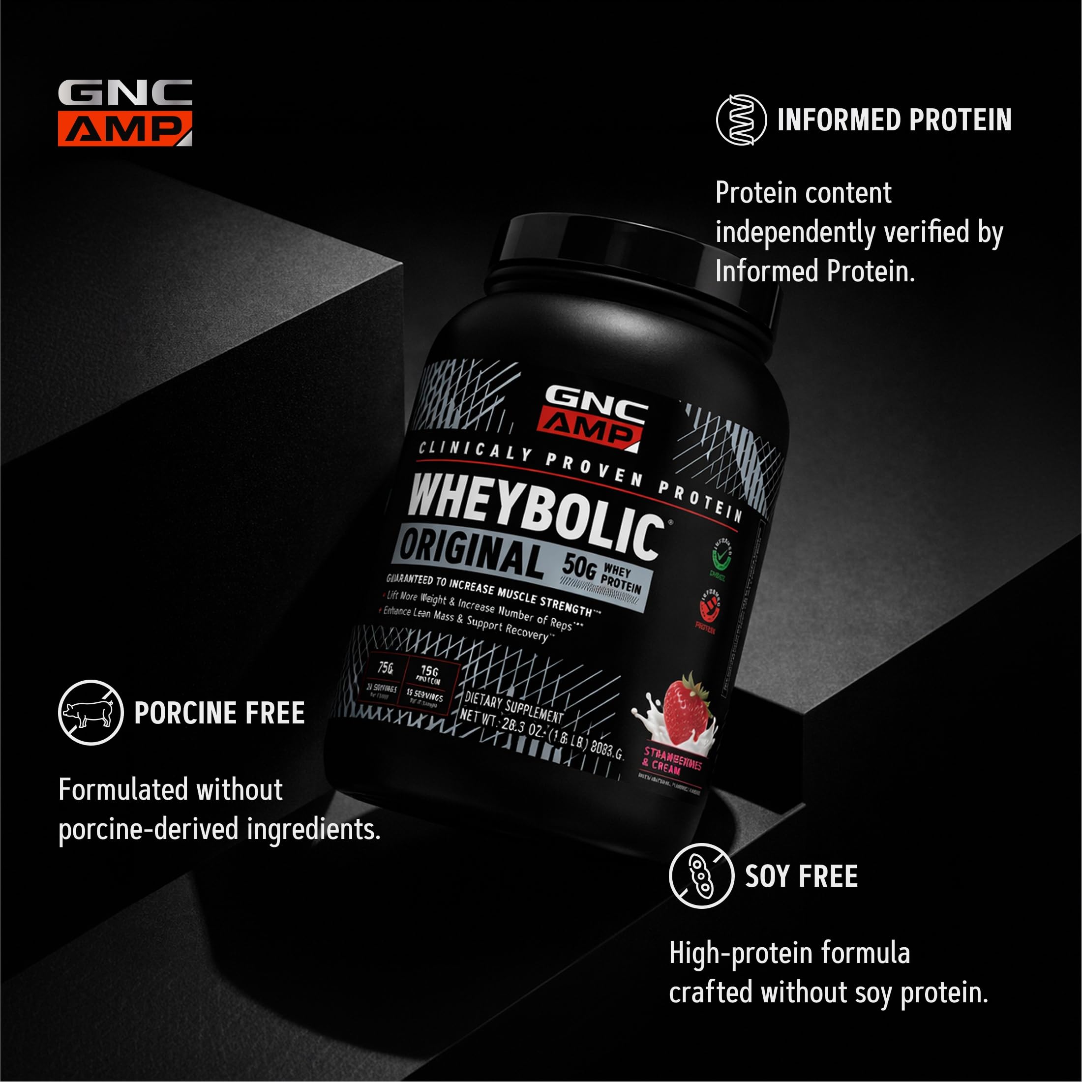 GNC cucharada con polvo que muestra textura cremosa y concentración