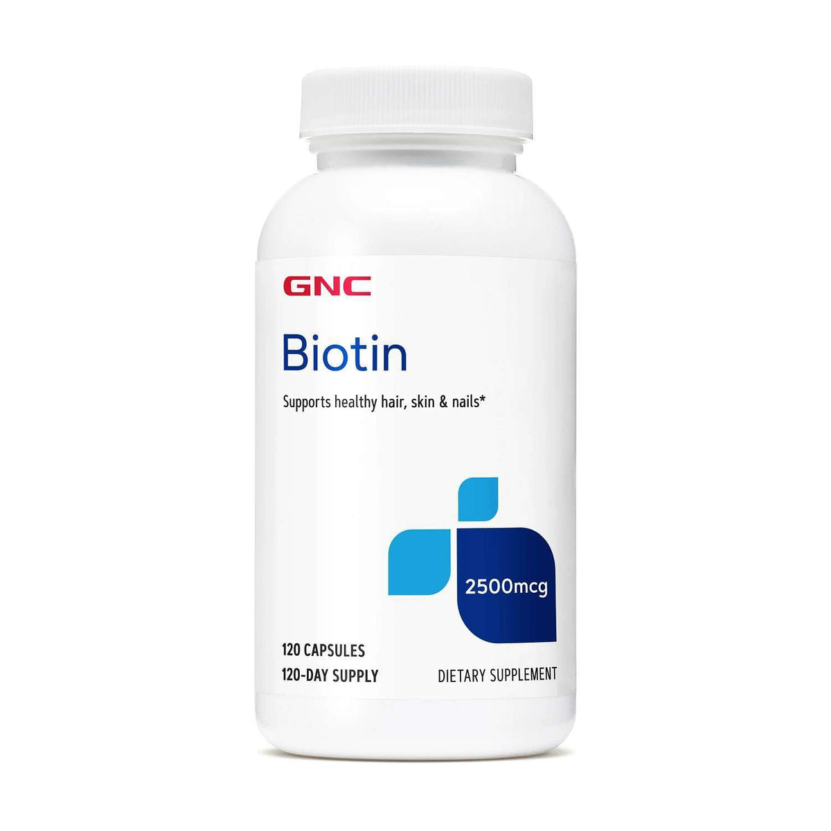 GNC Biotin 2500 mcg frasco frontal mostrando 120 cápsulas y etiqueta clara