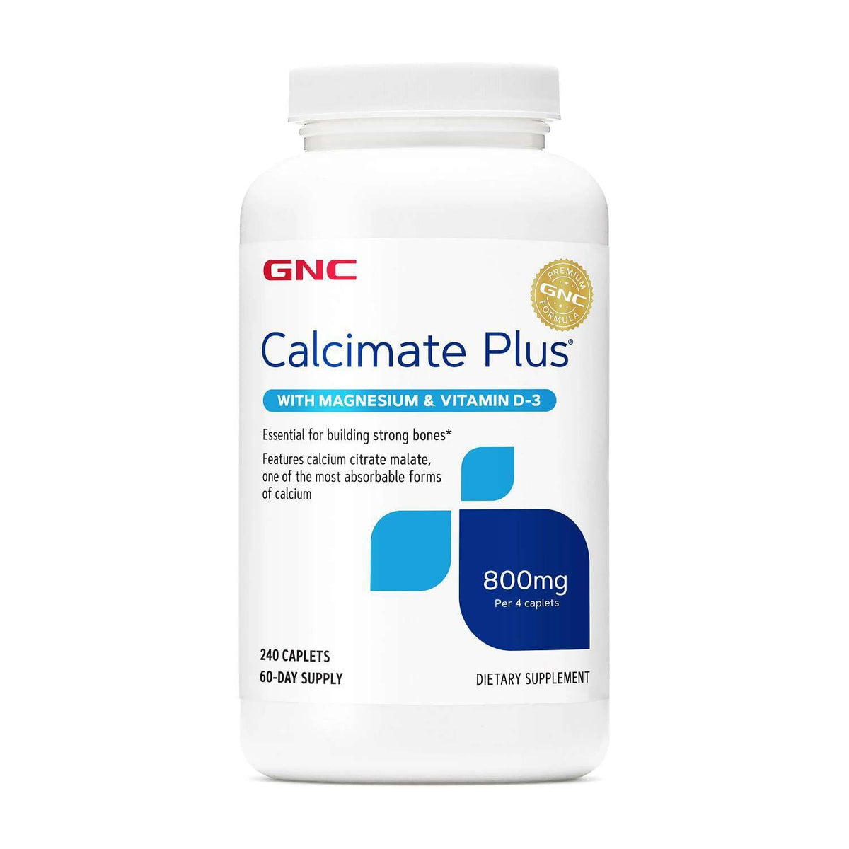 GNC envase frontal de Calcimate Plus mostrando etiqueta y beneficios clave