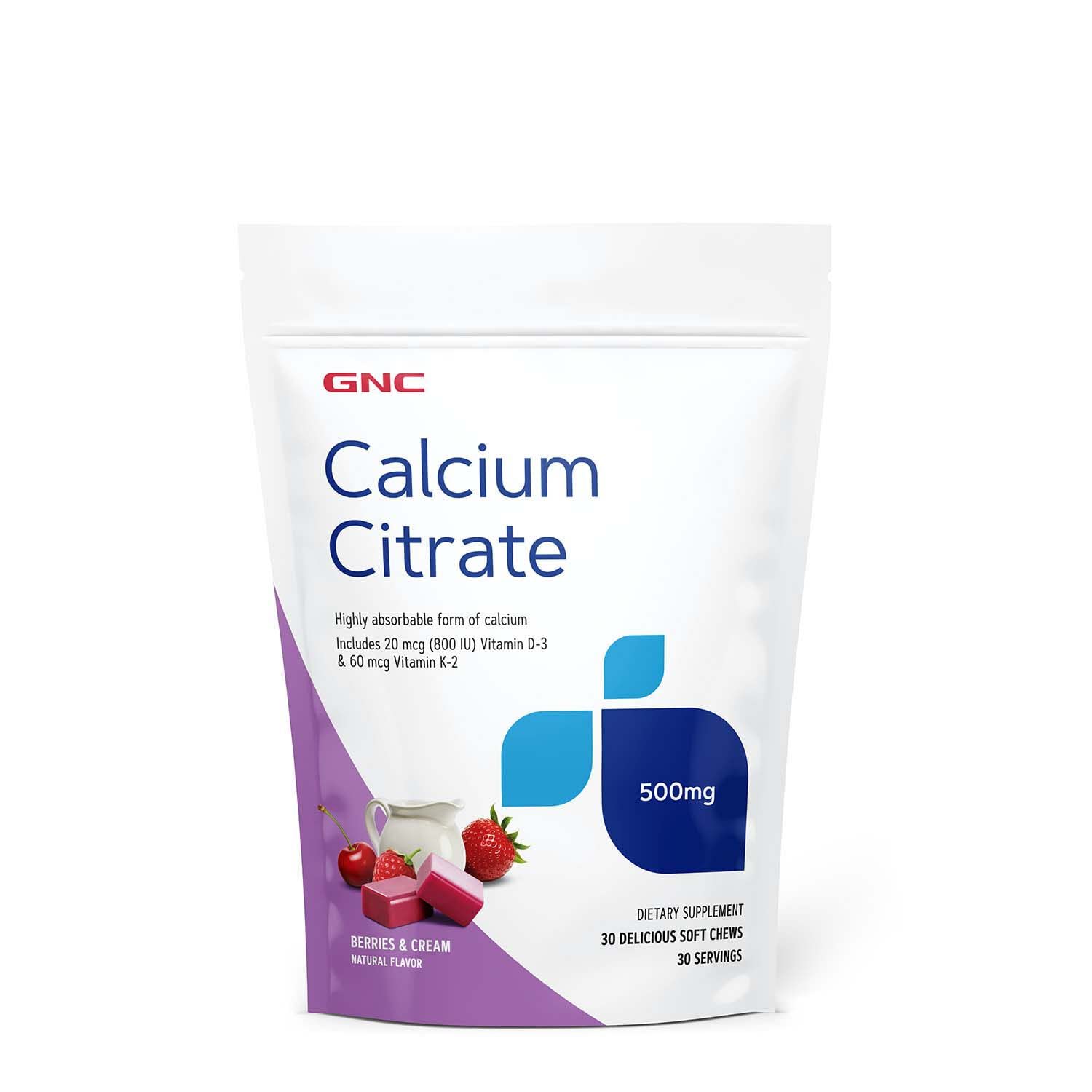 GNC envase frontal de Calcium Citrate 500 mg masticables, información clara y conveniente