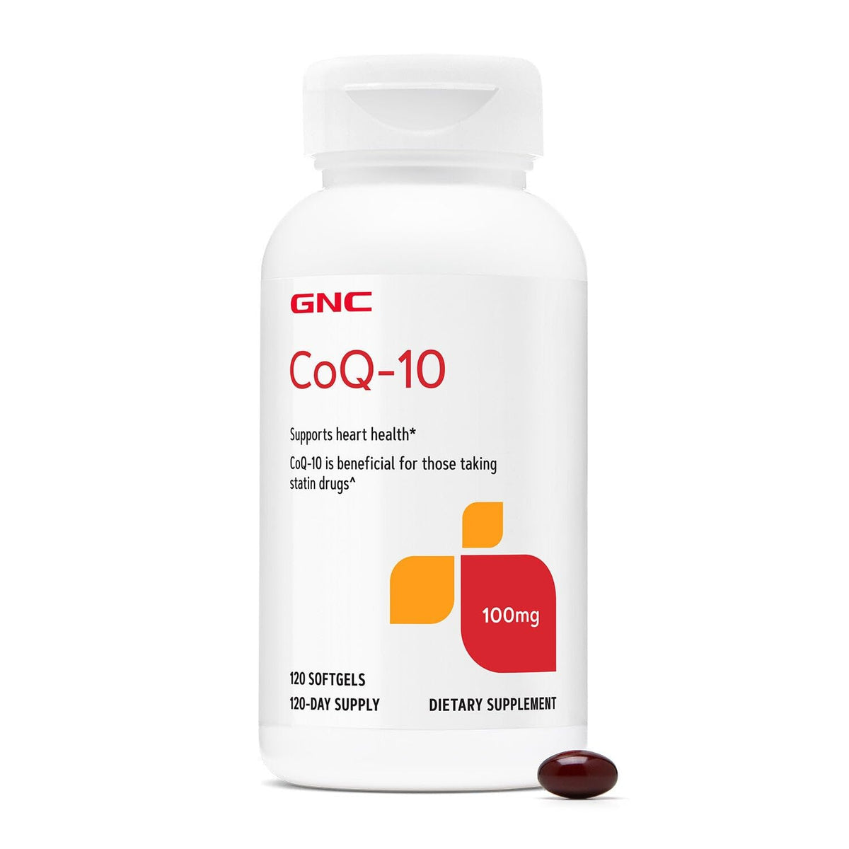 GNC frasco frontal con CoQ‑10 100 mg mostrando etiqueta clara y beneficios