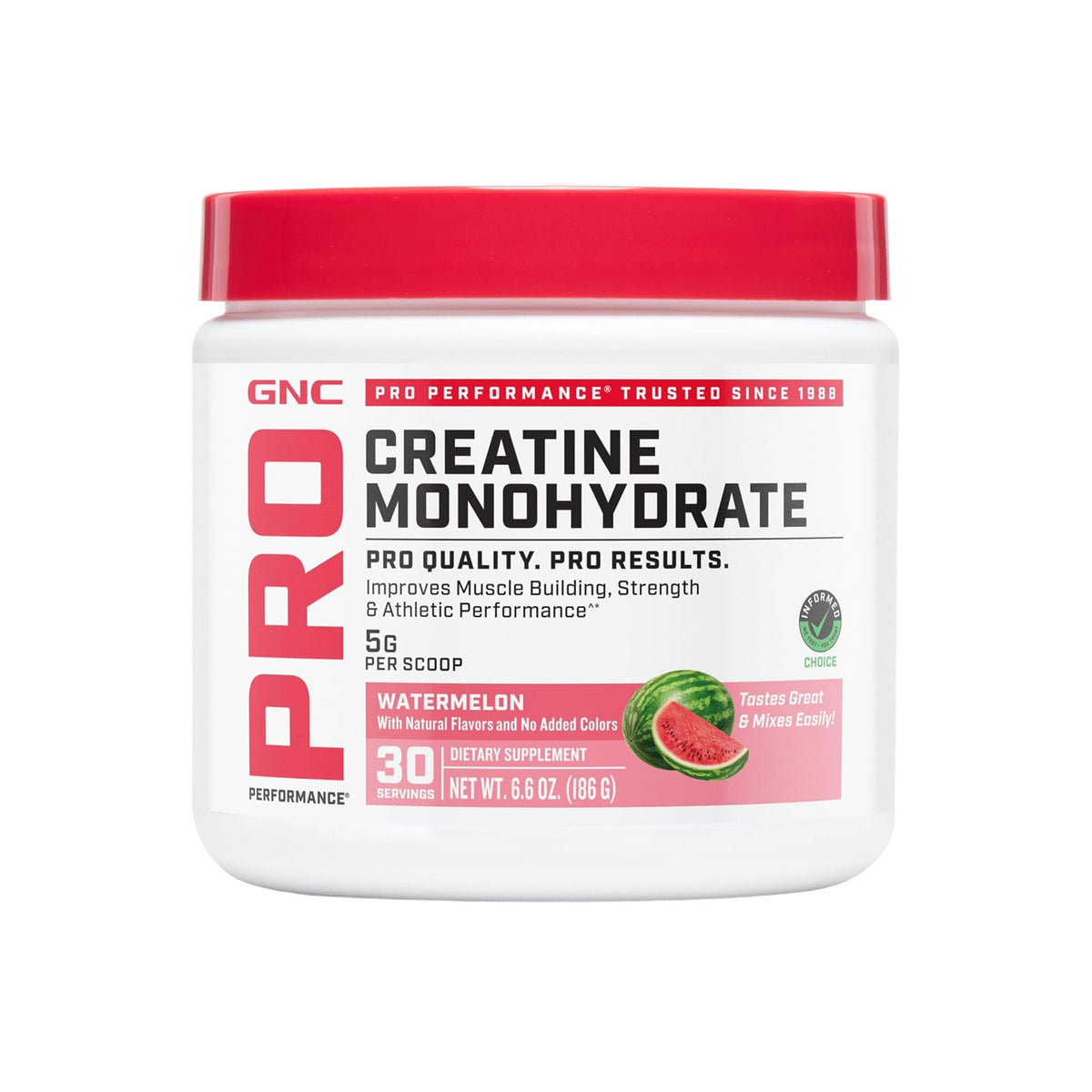 GNC creatina frente del envase mostrando 30 servicios y sabor sandía