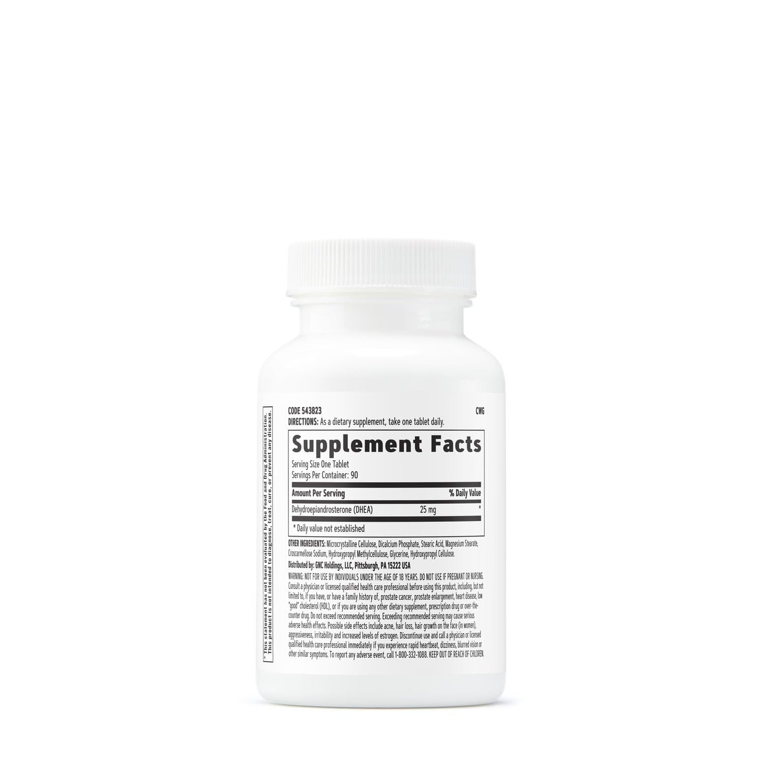 GNC primer plano de tabletas DHEA 25 mg, textura y tamaño visibles para fácil toma