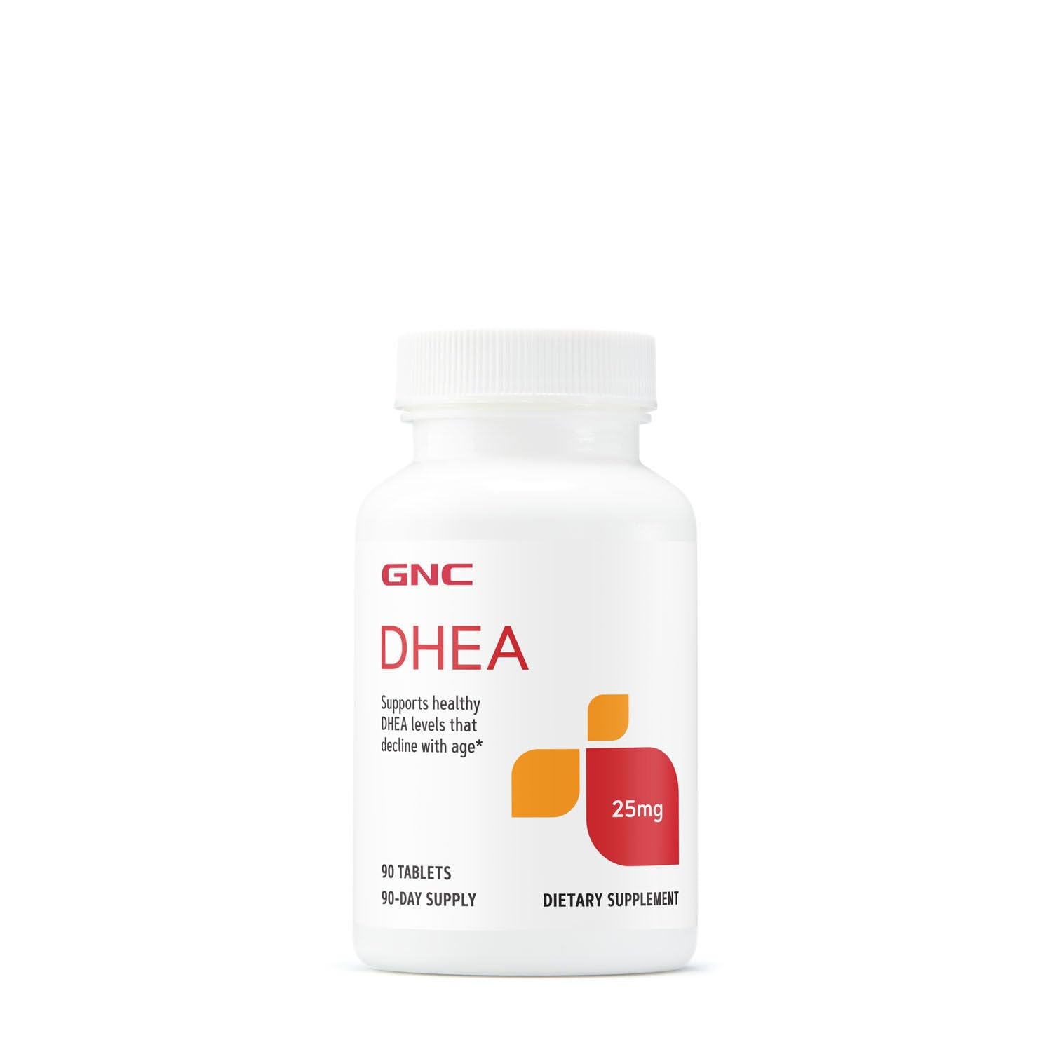 GNC frasco delantero de DHEA 25 mg mostrando etiqueta y cantidad, claridad de uso
