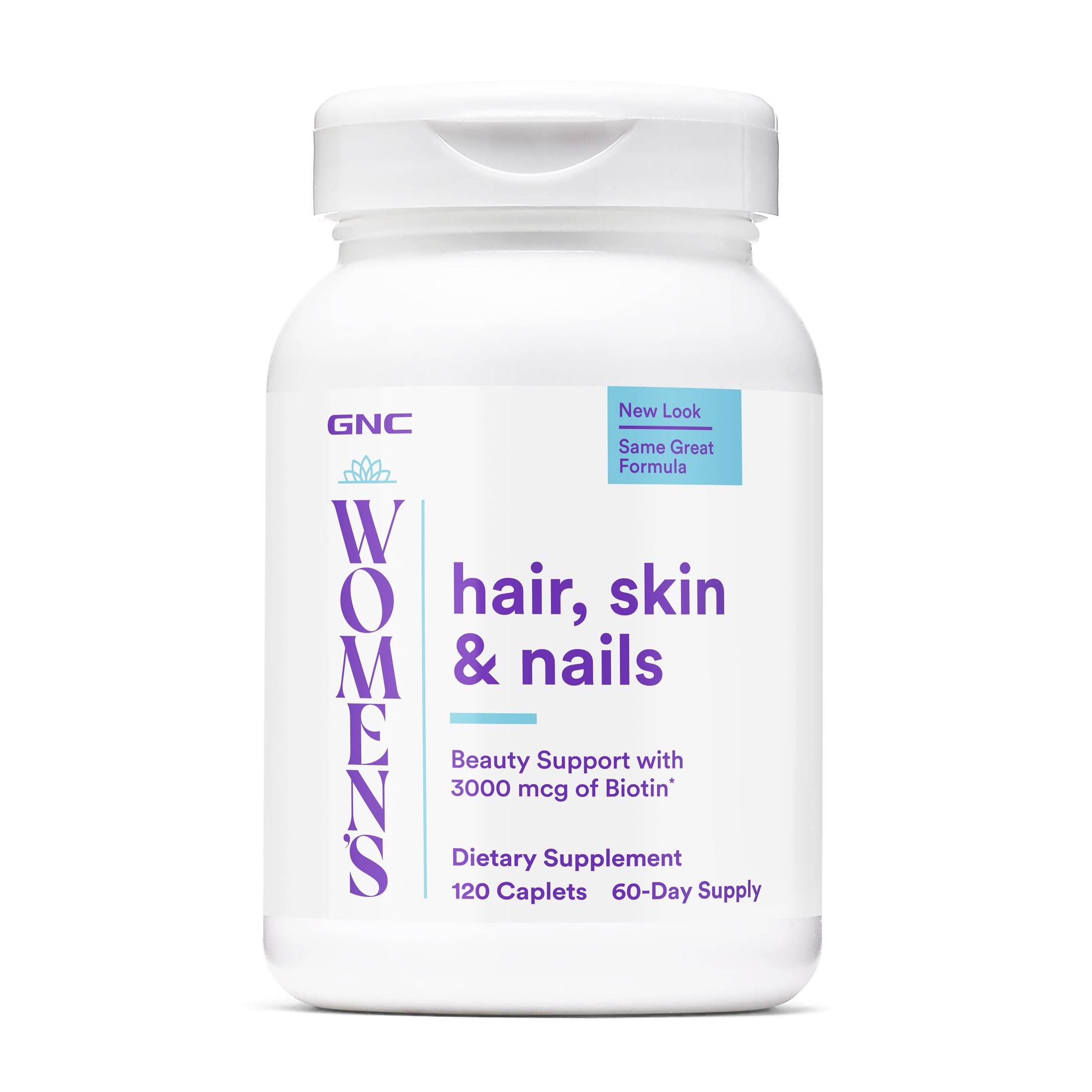 GNC envase frontal del suplemento para cabello piel y uñas mostrando la marca y beneficios