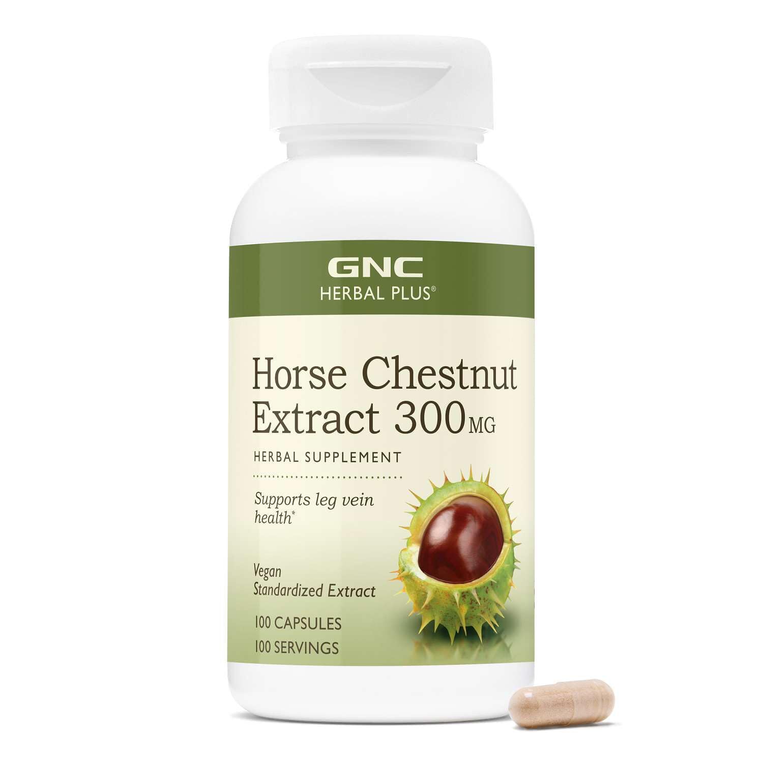 GNC frasco frontal de Horse Chestnut Extract 300 mg, presentación clara y útil
