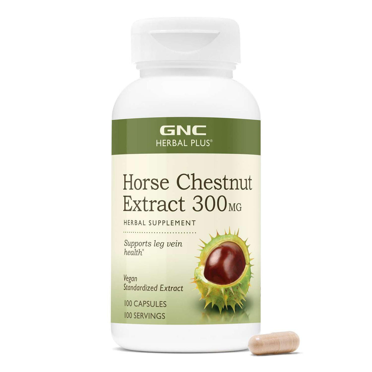 GNC frasco frontal de Horse Chestnut Extract 300 mg, presentación clara y útil