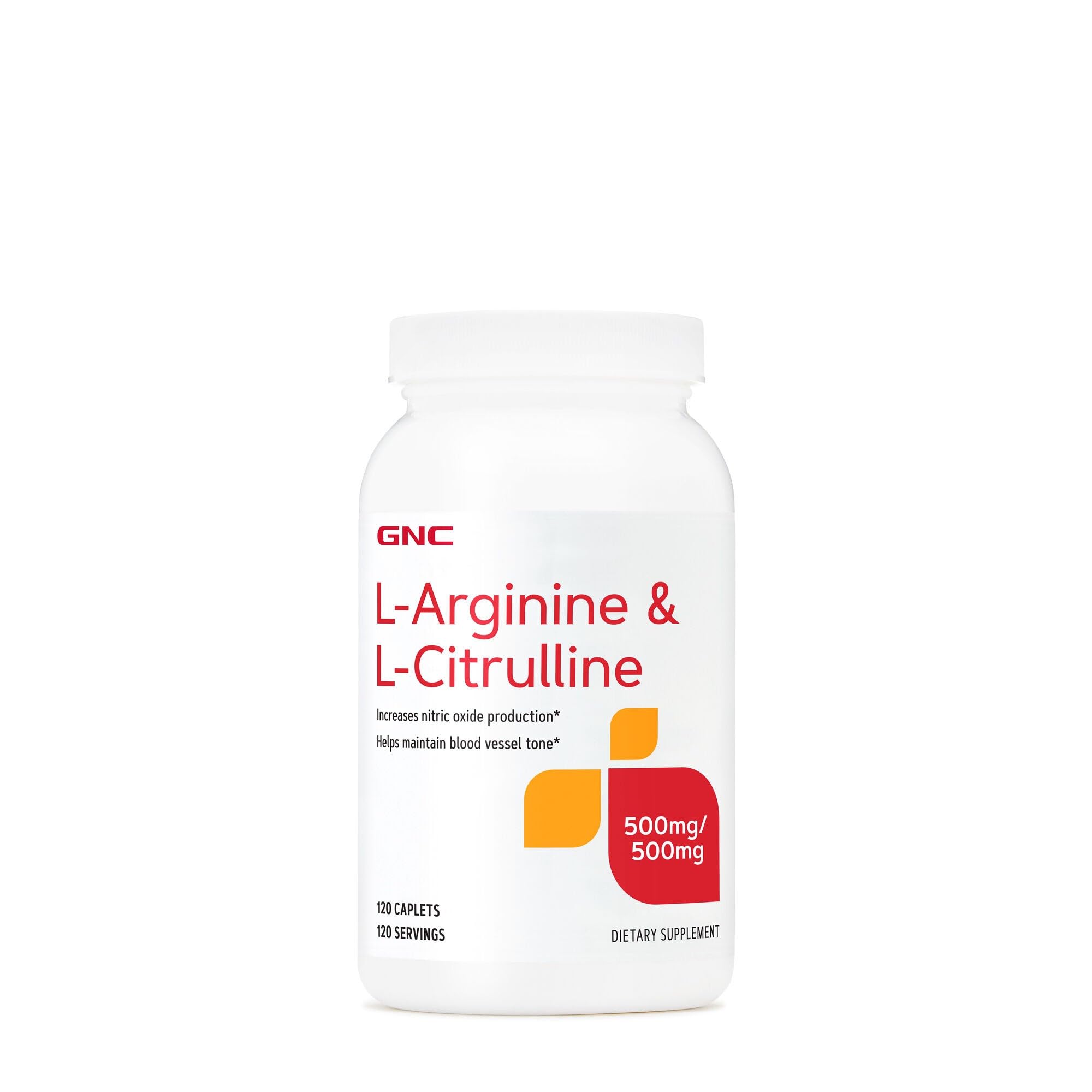 GNC frasco frontal mostrando 120 caplets y conveniencia de suministro