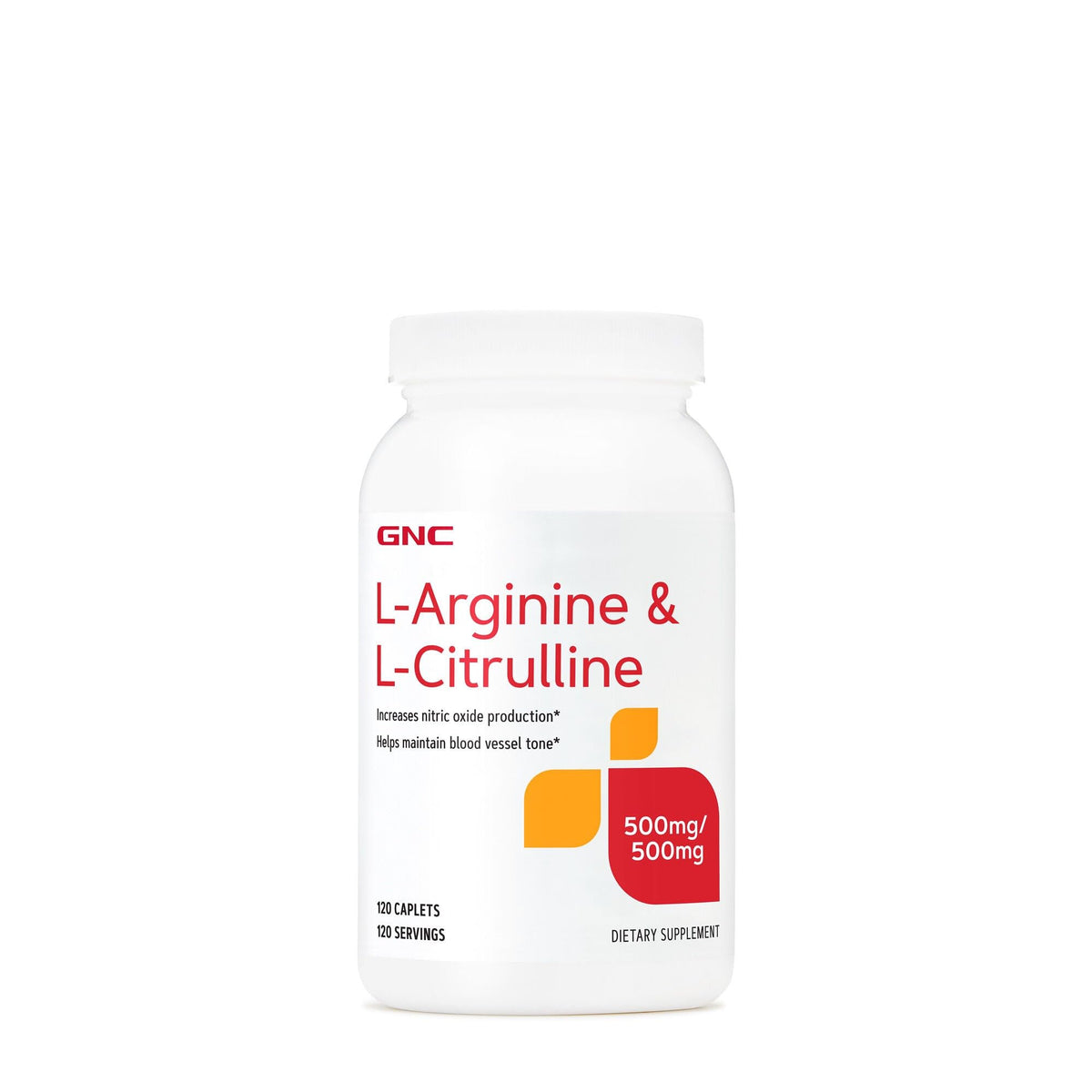 GNC frasco frontal mostrando 120 caplets y conveniencia de suministro