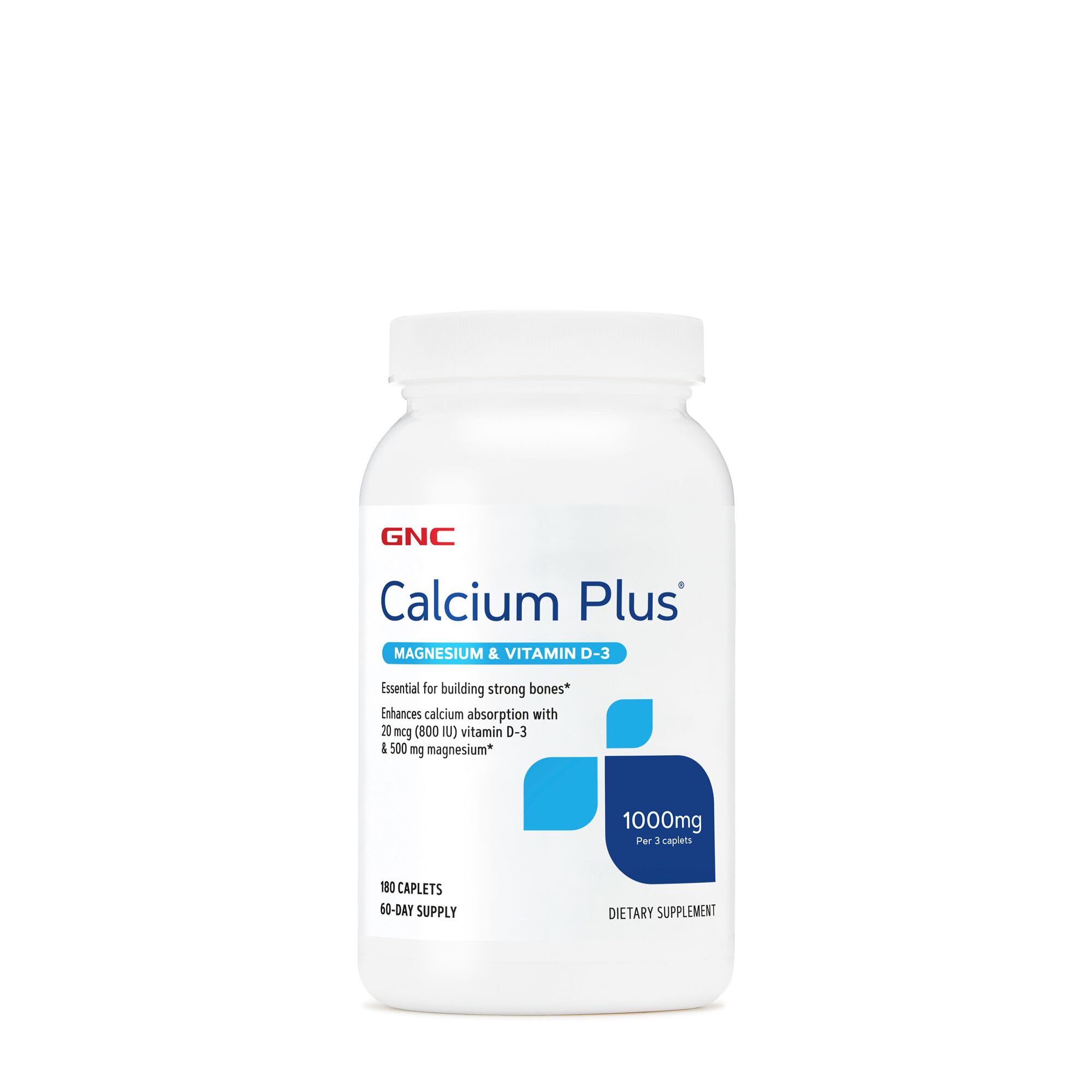 GNC envase frontal de Calcium Plus Magnesium & Vitamin D‑3 muestra la fórmula y cantidad