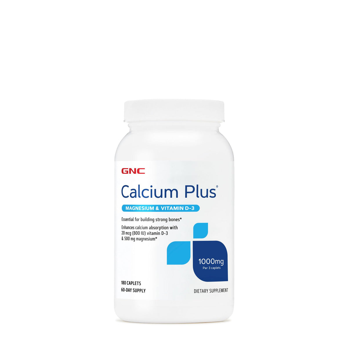 GNC envase frontal de Calcium Plus Magnesium & Vitamin D‑3 muestra la fórmula y cantidad