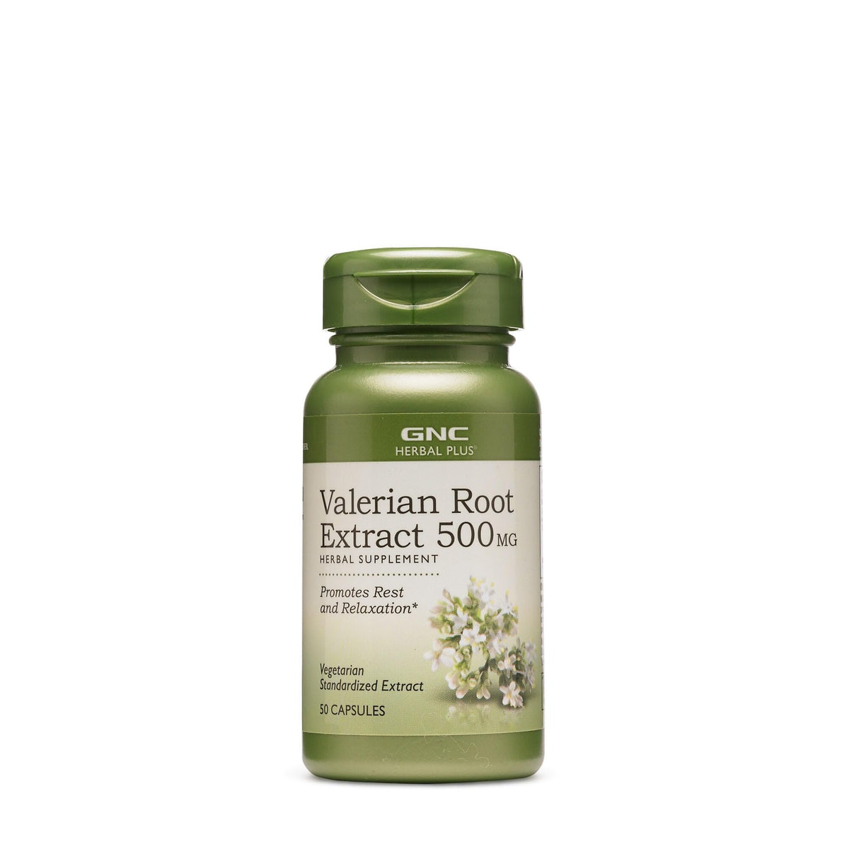 GNC envase frontal de valeriana mostrando dosis y beneficios para relajación