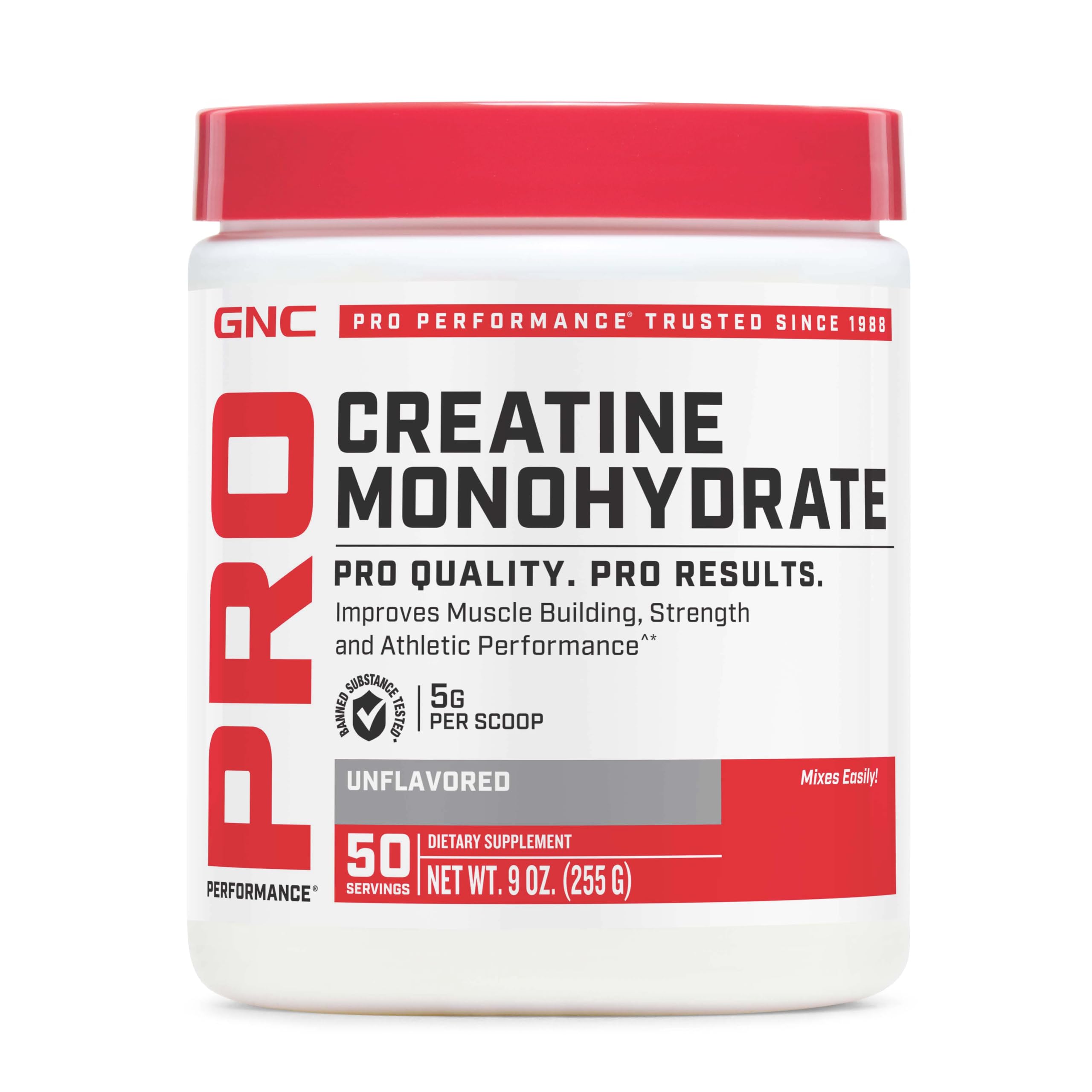 GNC envase frontal de creatina micronizada, confianza y pureza