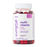GNC envase frontal de gomitas multivitamínicas, muestra etiqueta y conveniencia