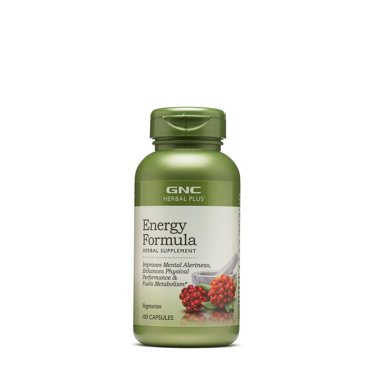 GNC envase frontal Herbal Plus Energy mostrando la dosis y beneficio de energía