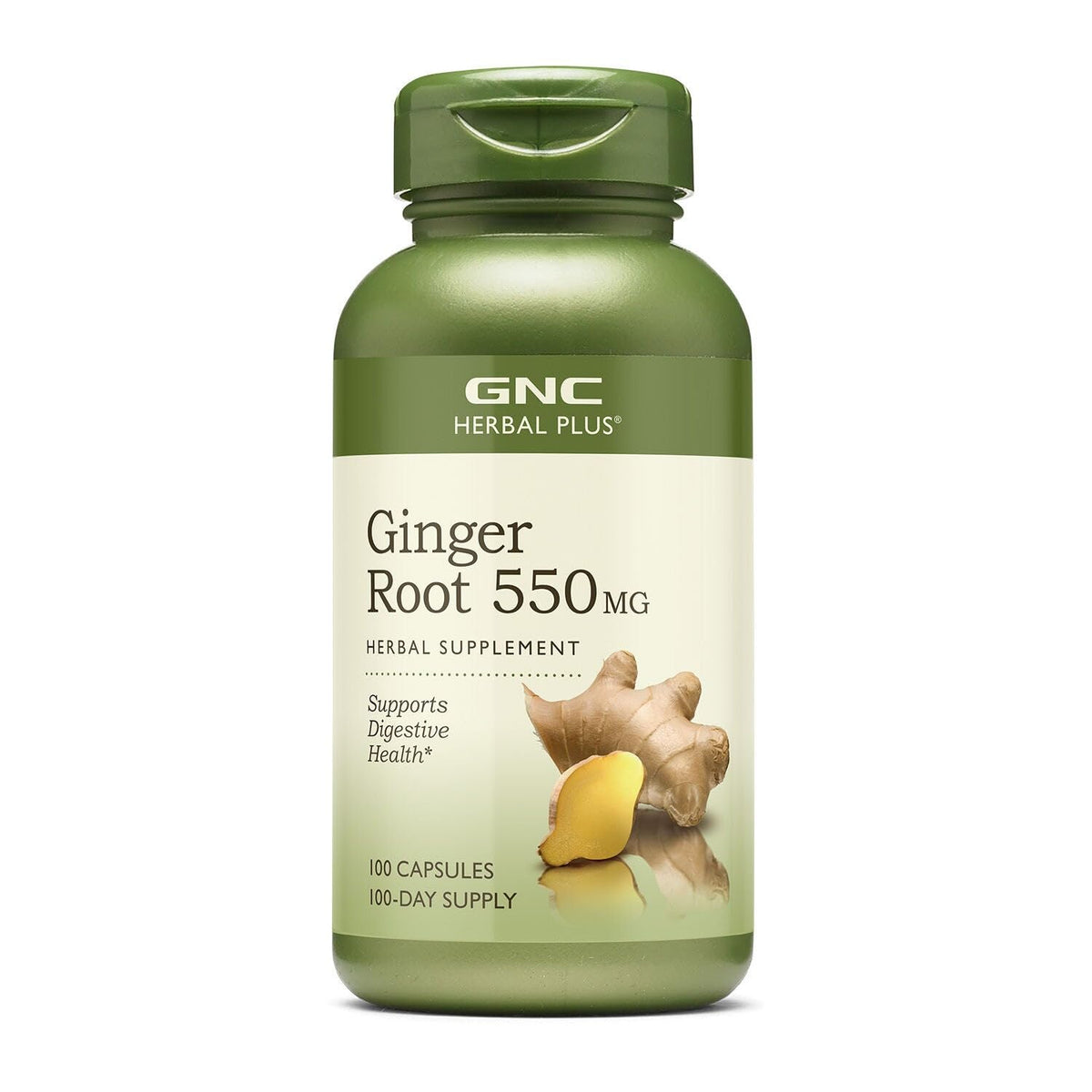 GNC frasco frontal de Herbal Plus Ginger Root 550 mg muestra etiqueta y beneficios