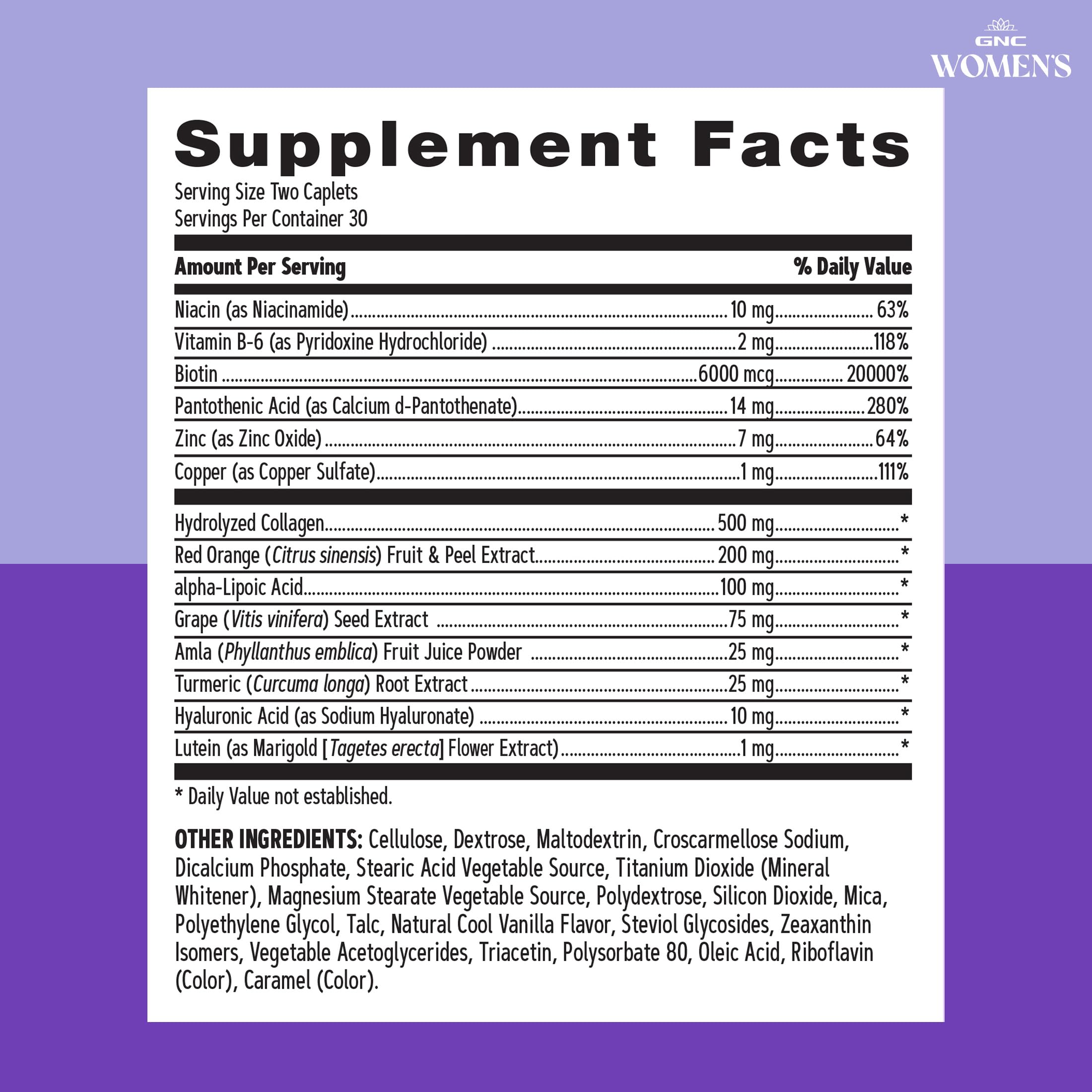 GNC ingredientes clave (vitamina A, C, biotina) sobre fondo neutro explicando aporte