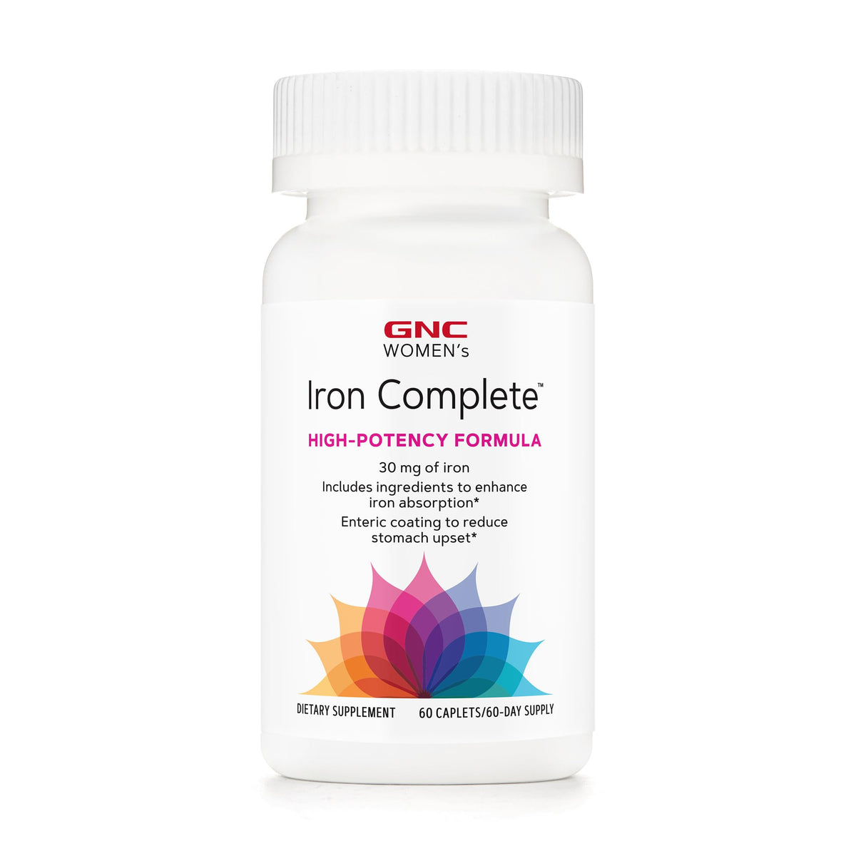 GNC frontal del envase mostrando 60 tabletas y beneficio de aporte de hierro