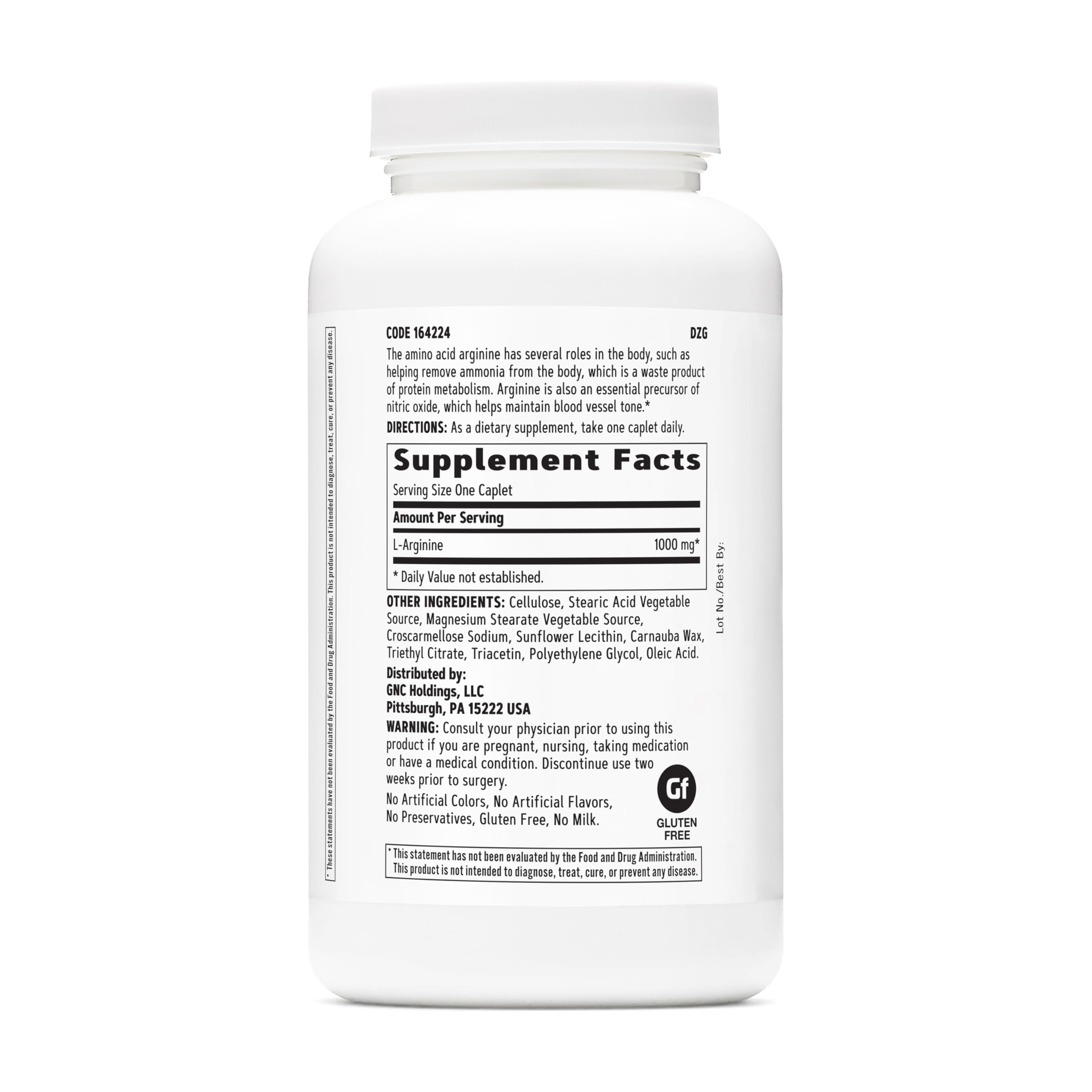 GNC primer plano de un comprimido de L Arginine 1000mg destacando tamaño y fácil ingestión