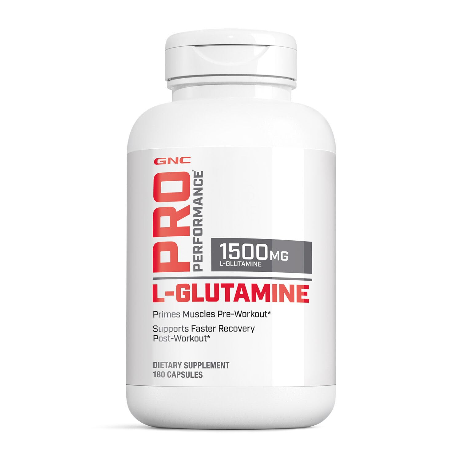 GNC botella frontal de L-Glutamine 1500 mg mostrando el sello de pruebas y el tamaño de 180 cápsulas