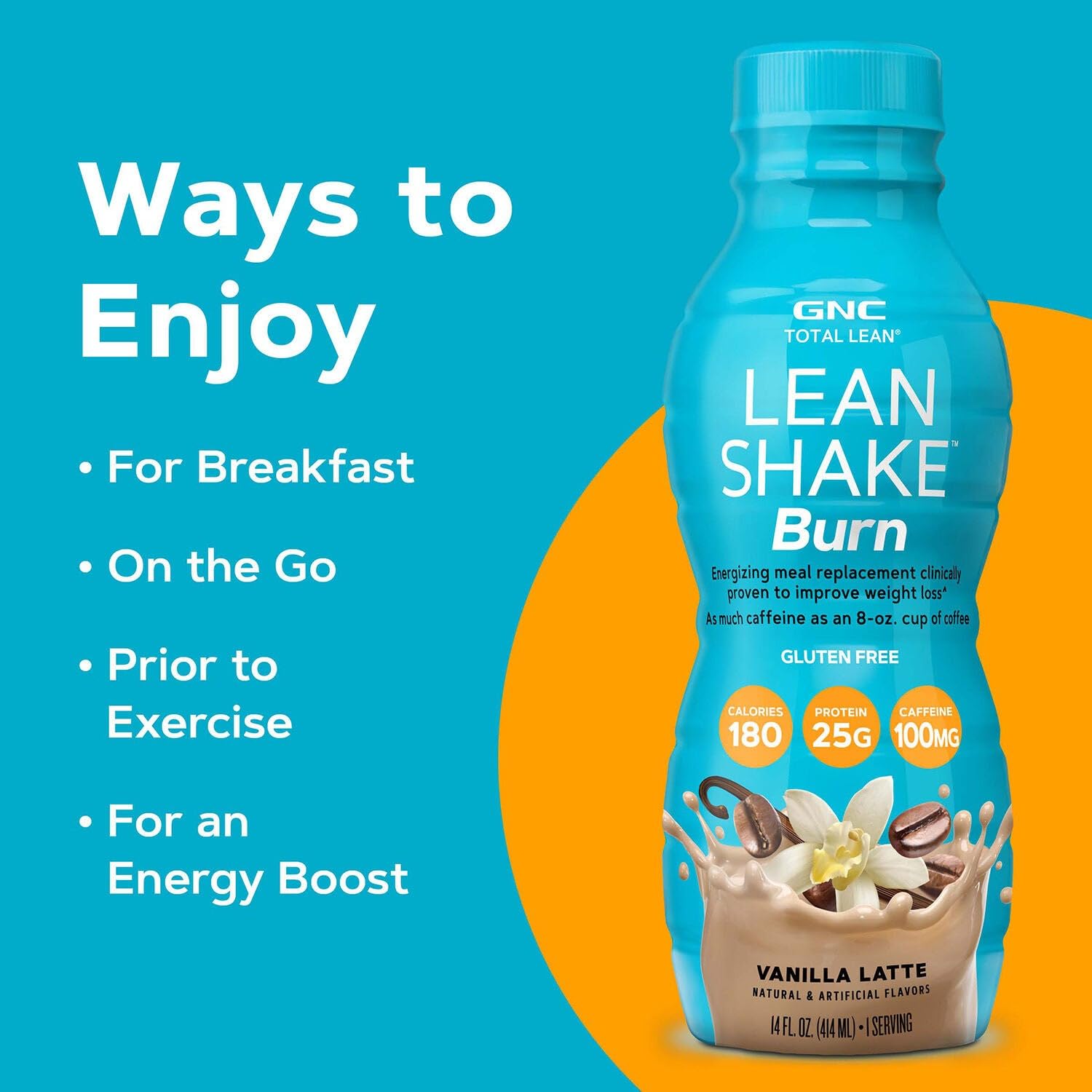 GNC Lean Shake Burn sobre mesa de desayuno con fruta, opción práctica y nutritiva
