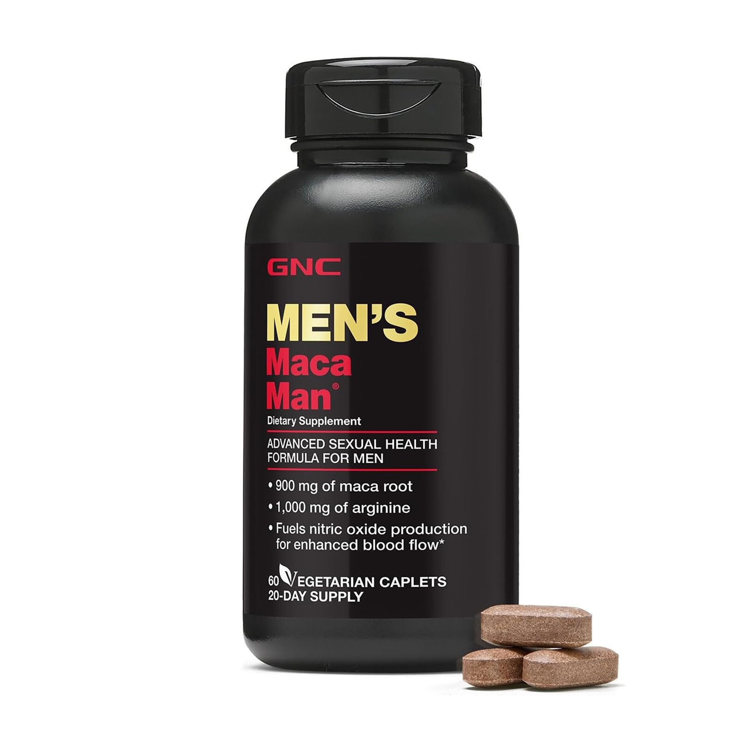 GNC Maca Man vista frontal con envase visible y beneficios claros