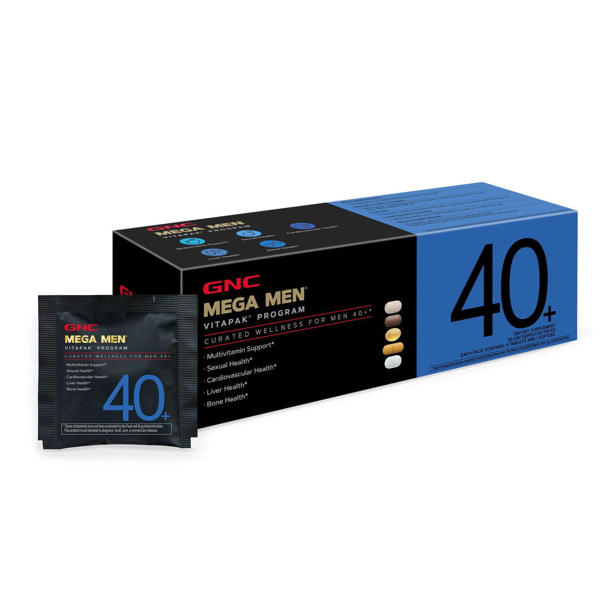 GNC Mega Men 40 empaquetado frontal mostrando diseño y dosis conveniente