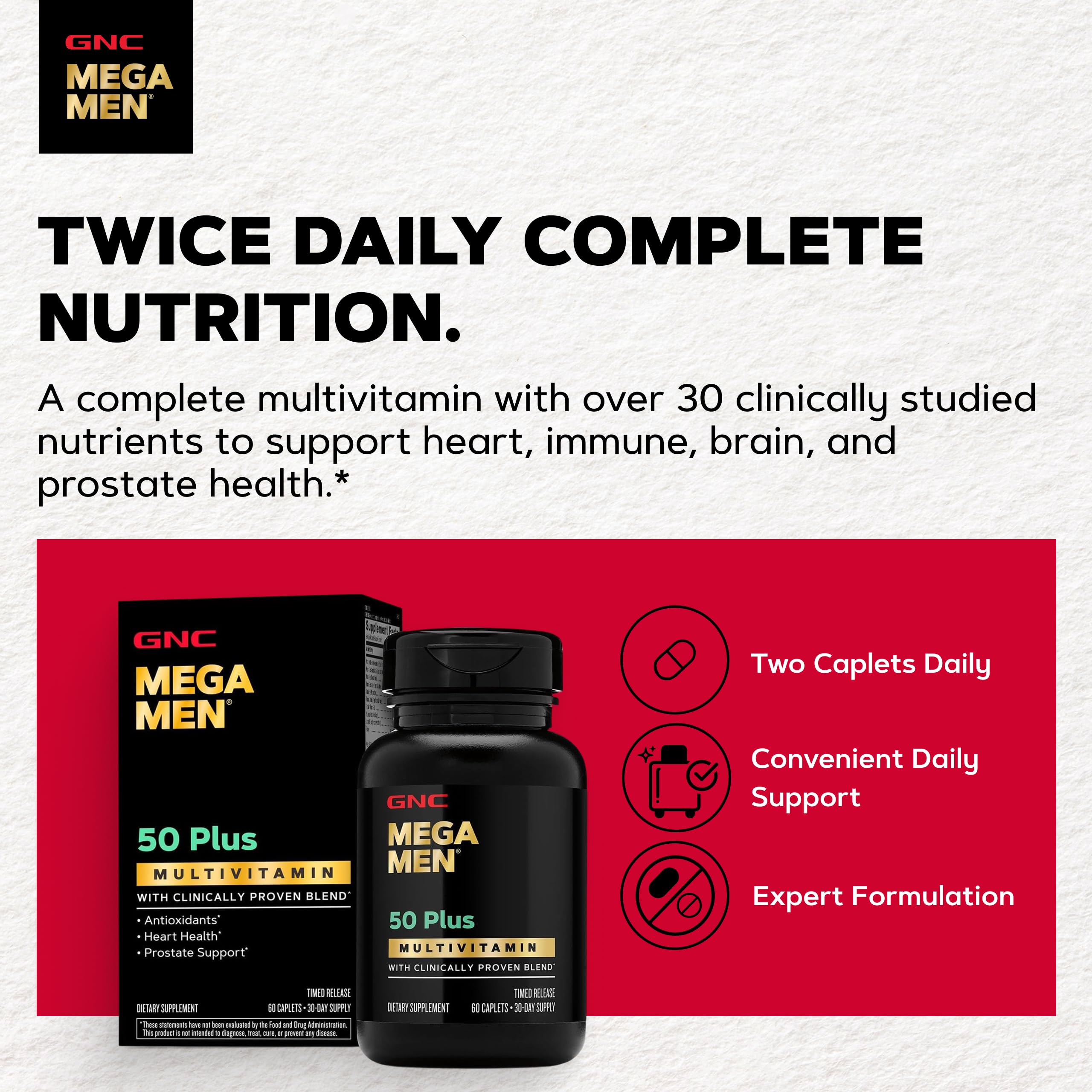 GNC Mega Men 50 Plus frasco abierto con caplets listos para uso diario