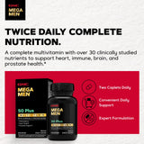 GNC Mega Men 50 Plus frasco abierto con caplets listos para uso diario