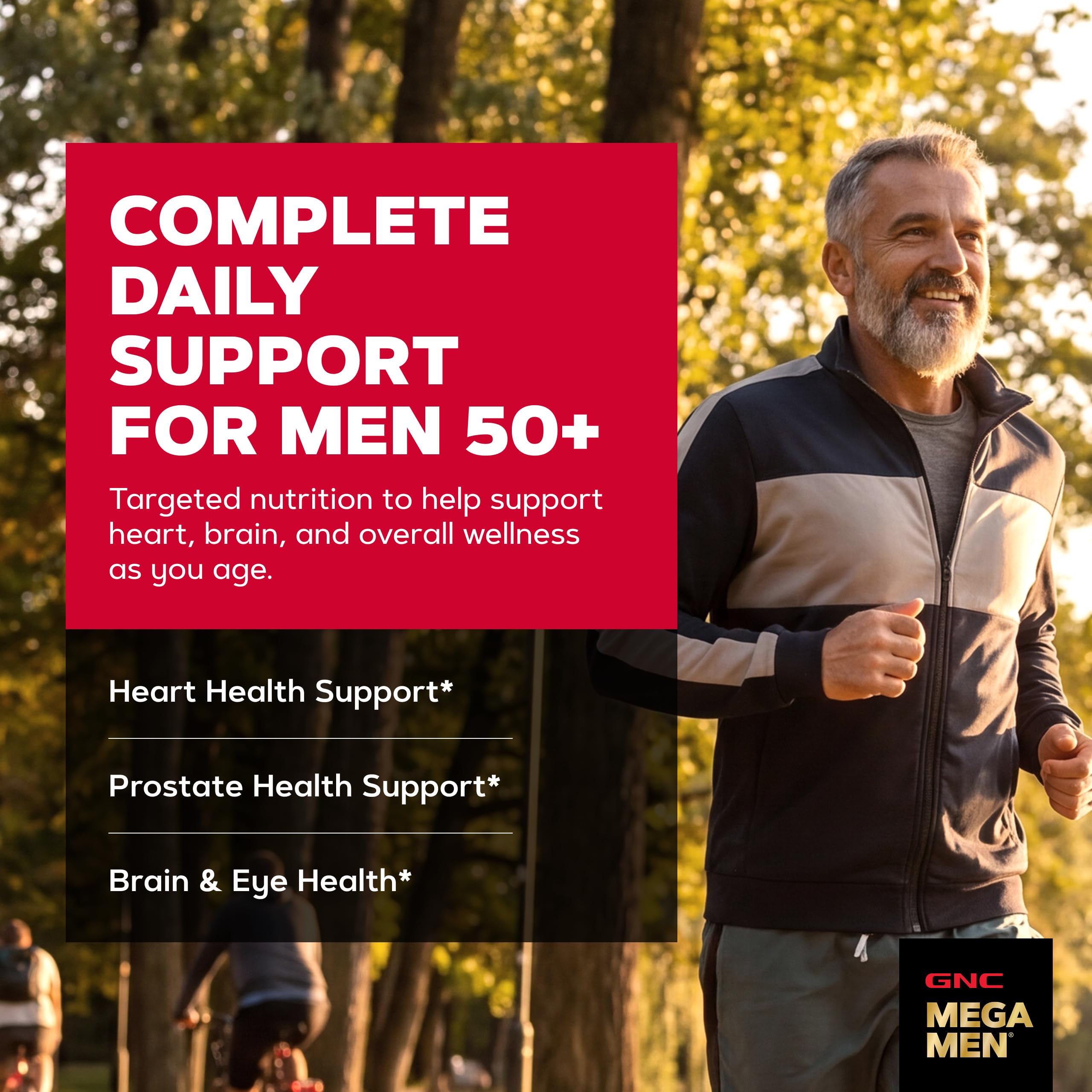 GNC Mega Men 50 Plus caplet detalle y textura para fácil ingestión