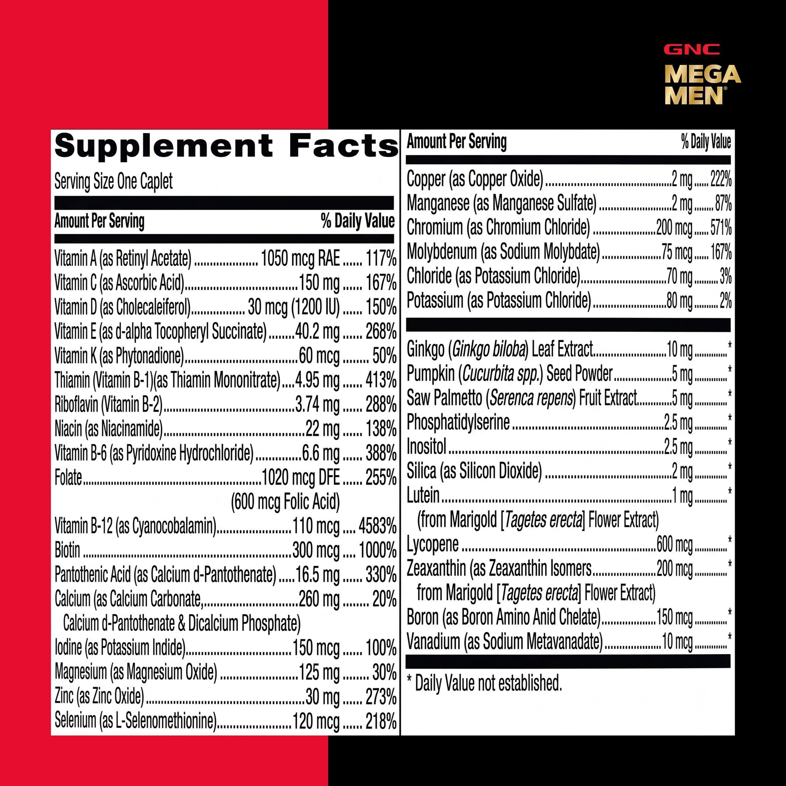 GNC Mega Men 50 Plus detalle de la etiqueta que indica sin gluten y sin colorantes