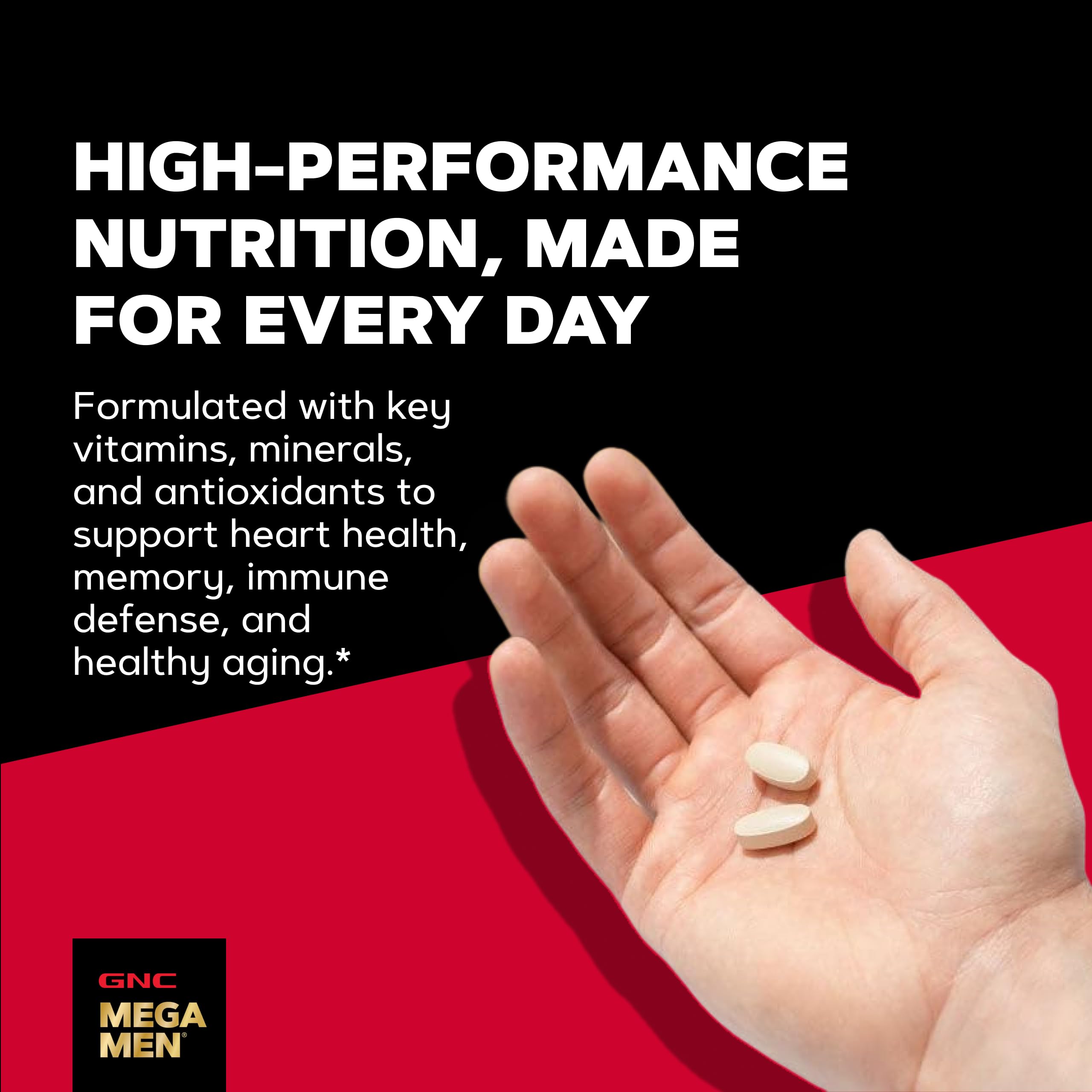 GNC Mega Men 50 Plus caplet en mano para mostrar escala real