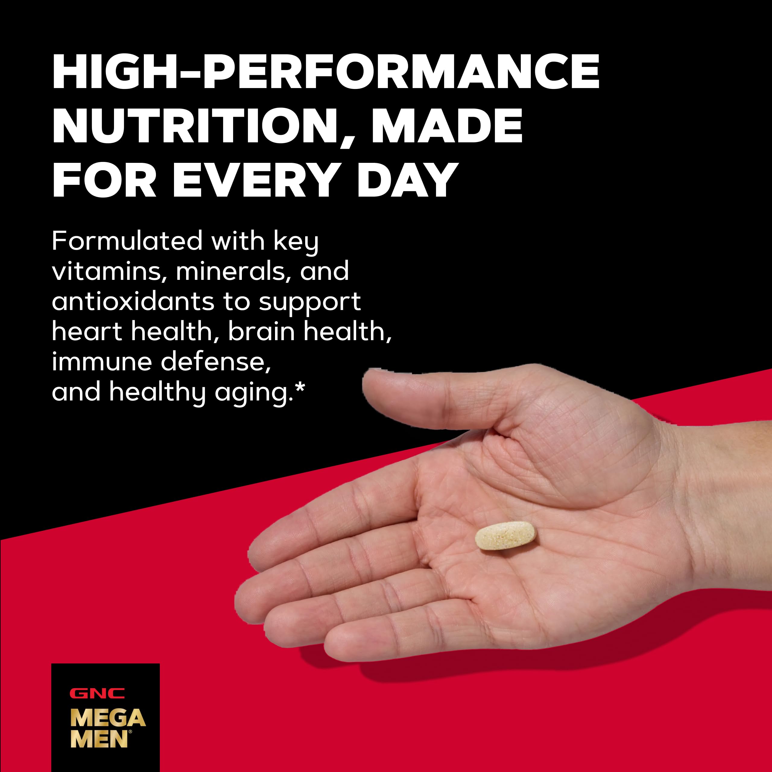 GNC Mega Men 50 Plus envase abierto con caplets organizados para 60 días