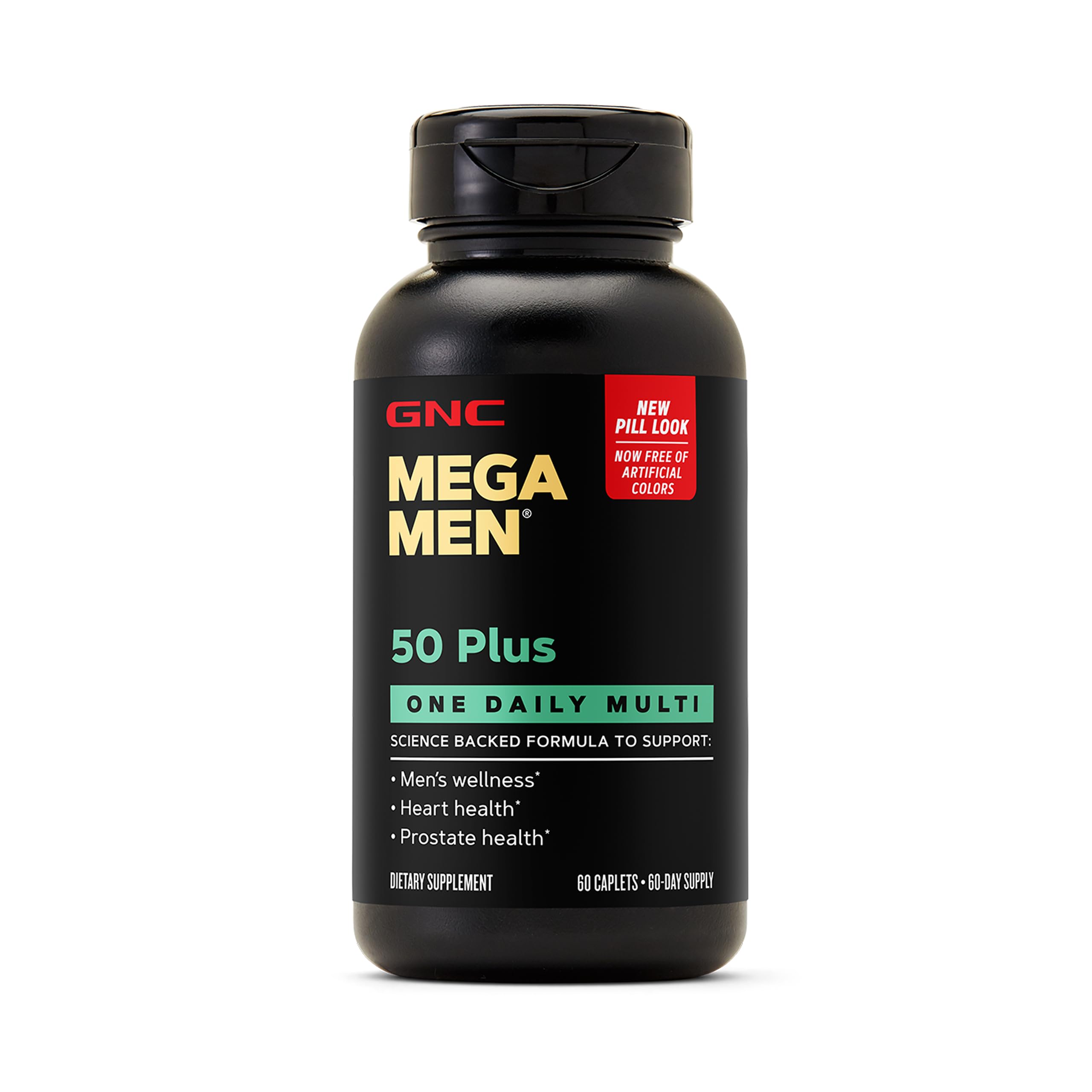 GNC Mega Men 50 Plus frente del empaque mostrando cierre práctico y duración
