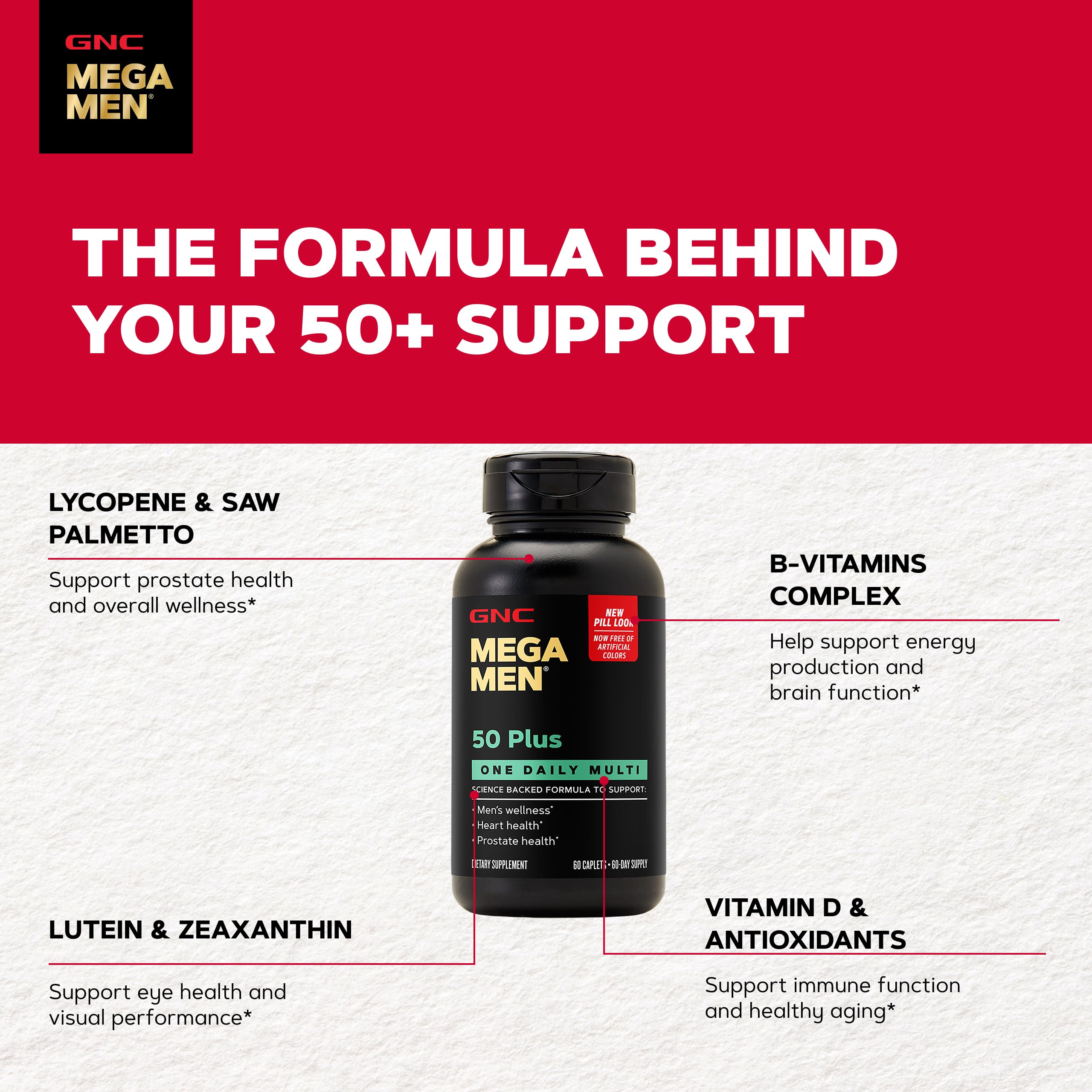 GNC Mega Men 50 Plus etiqueta con lista de ingredientes clave visible