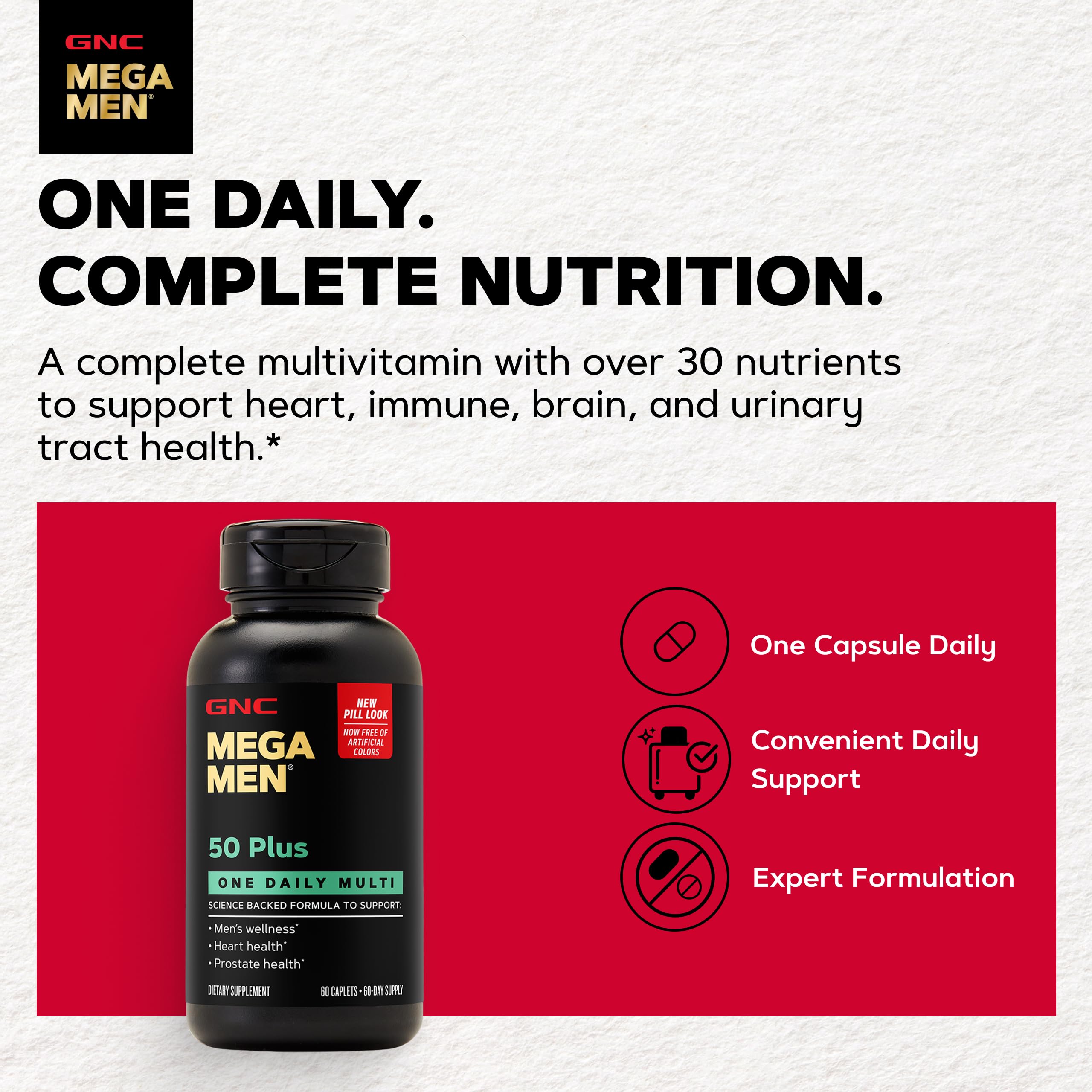 GNC Mega Men 50 Plus vista macro de la textura del caplet para fácil deglución