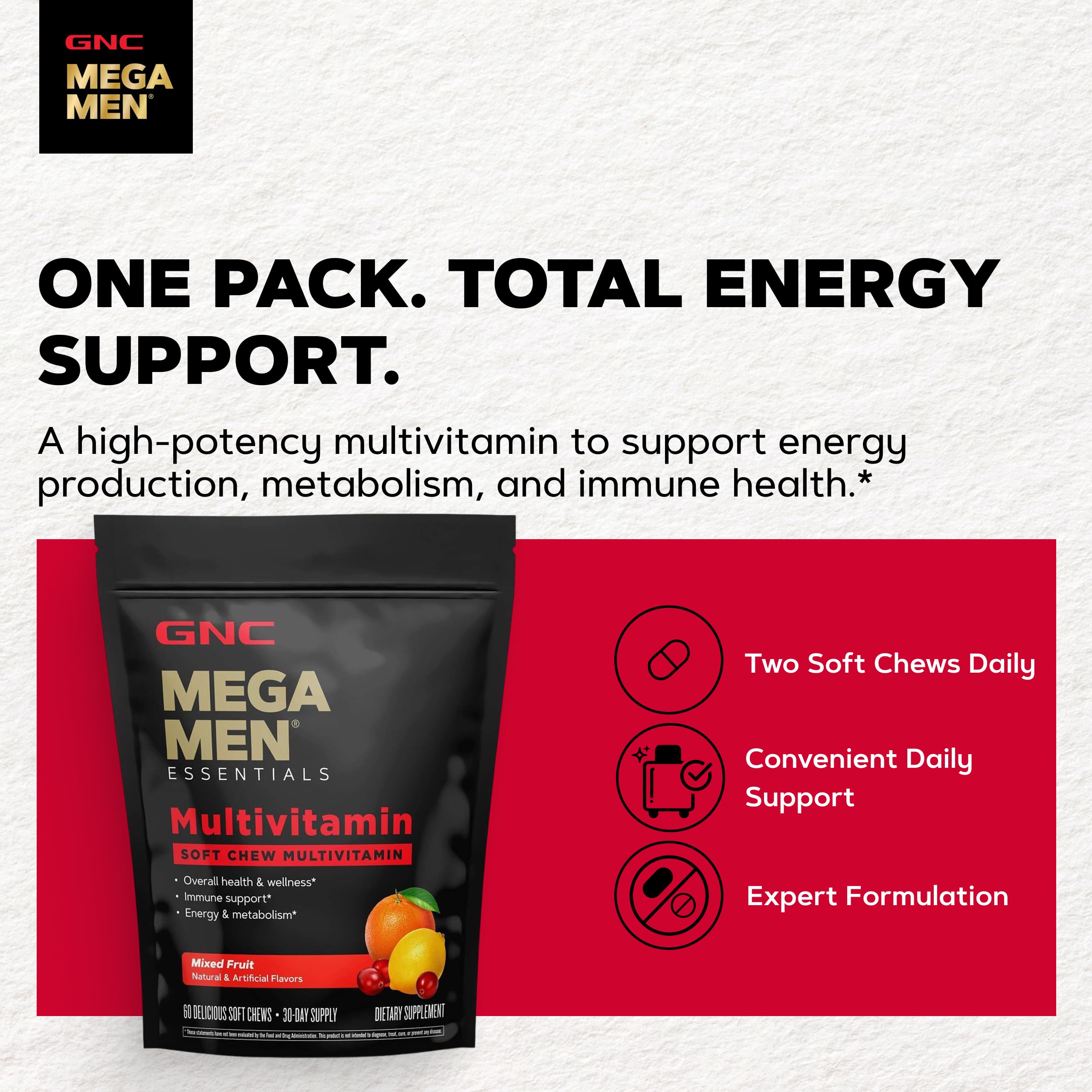 GNC Mega Men caja abierta con masticables individualmente envueltos, fácil llevar